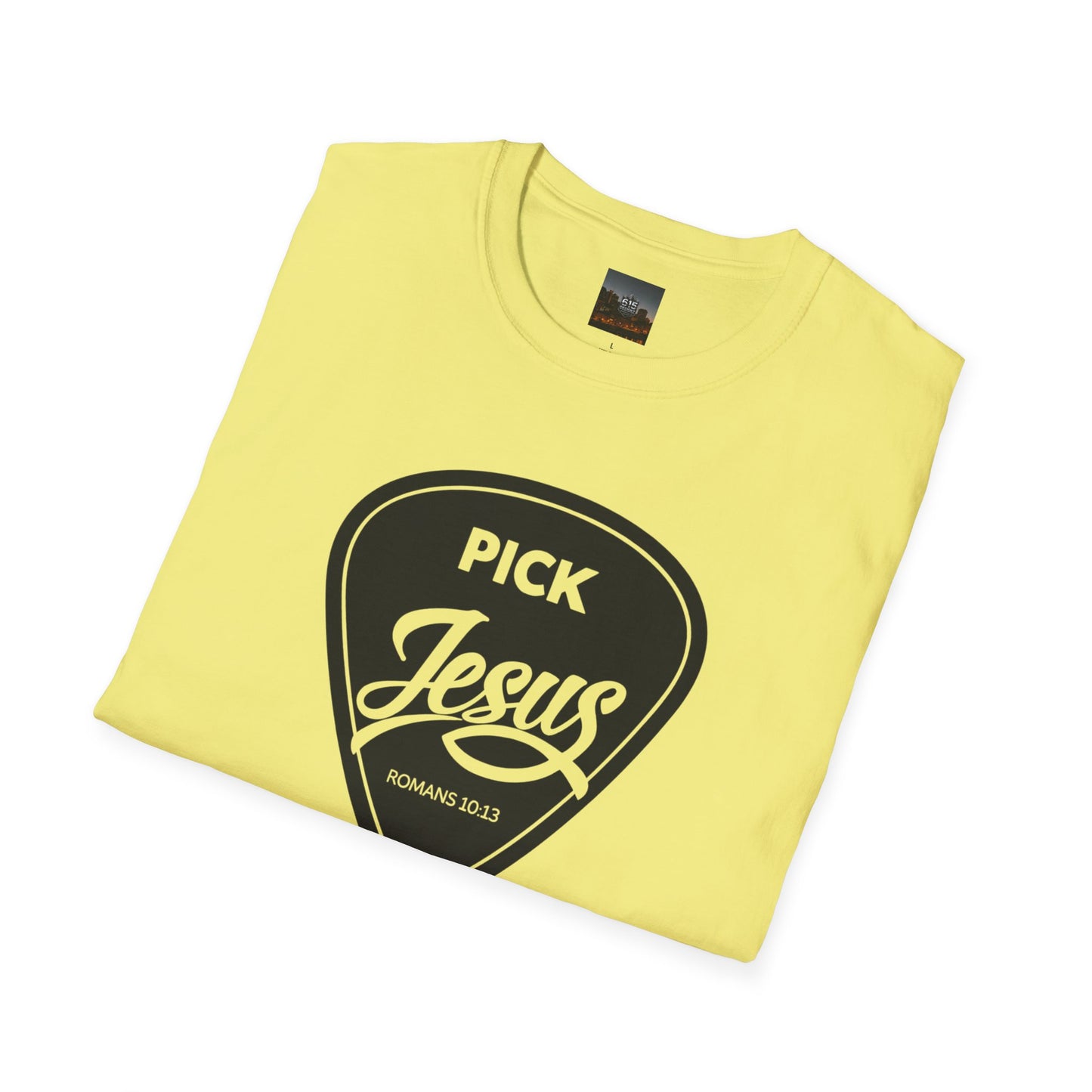 Pick Jesus T-Shirt — Christian Guitar Pick Design (Romans 10:13)