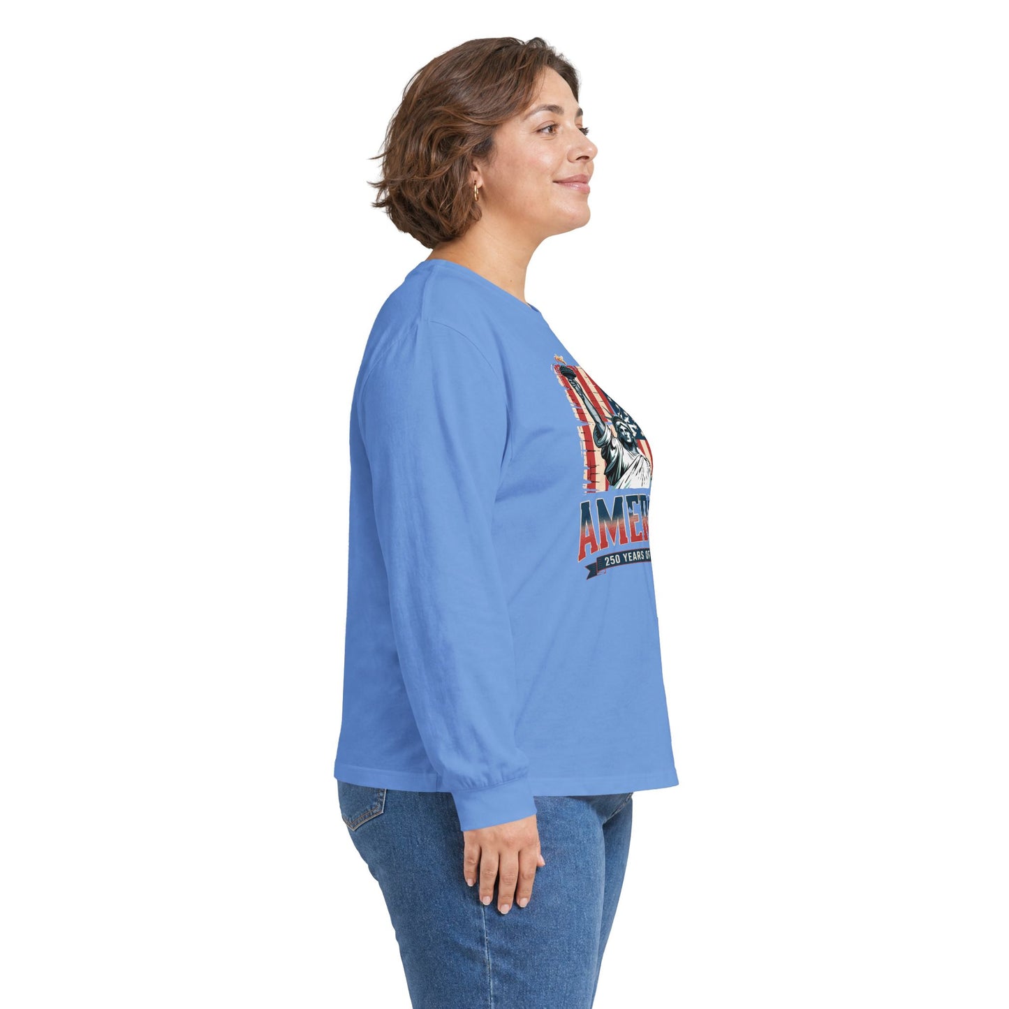 #250 Statue of Liberty American Flag 'America' Patriotic Independence Day Long Sleeve Tee