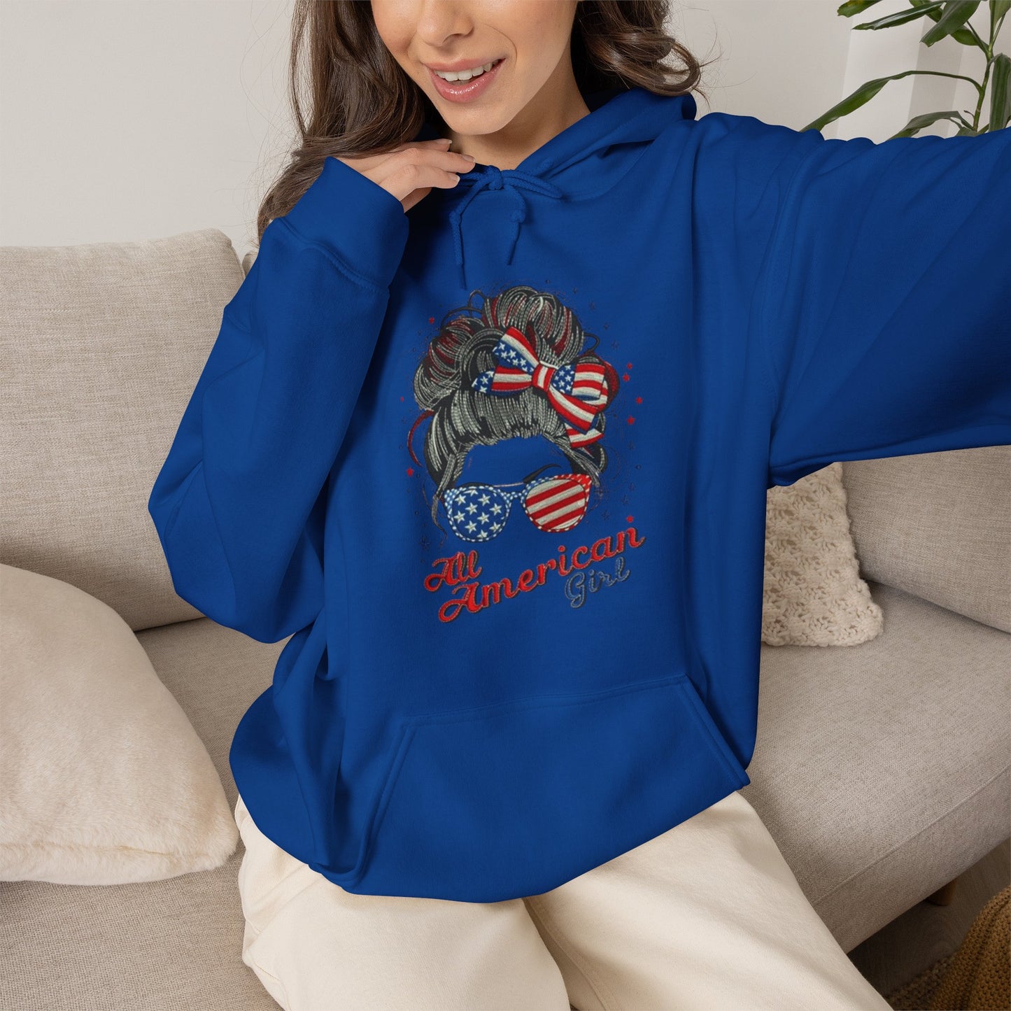 #250 "All American Girl" Patriotic Messy Bun Hoodie