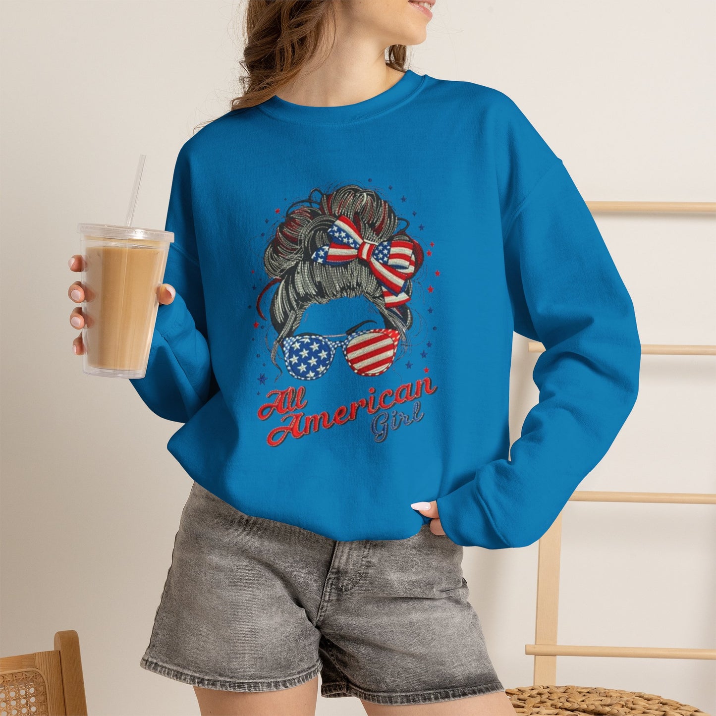 #250 "All American Girl" Patriotic Messy Bun Sweatshirt