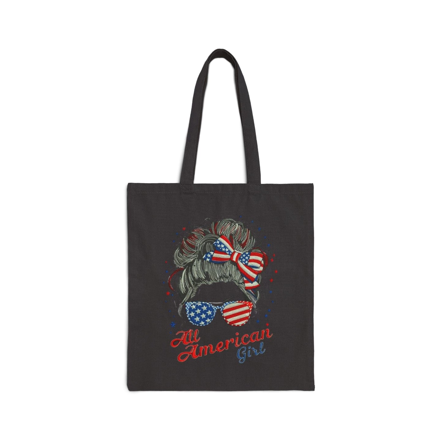 #250 "All American Girl" Patriotic Messy Bun Canvas Tote Bag