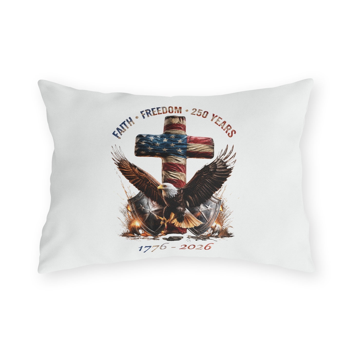 #250 Faith • Freedom 250 Years American Flag Cross & Eagle 1776-2026 Outdoor Throw Pillow