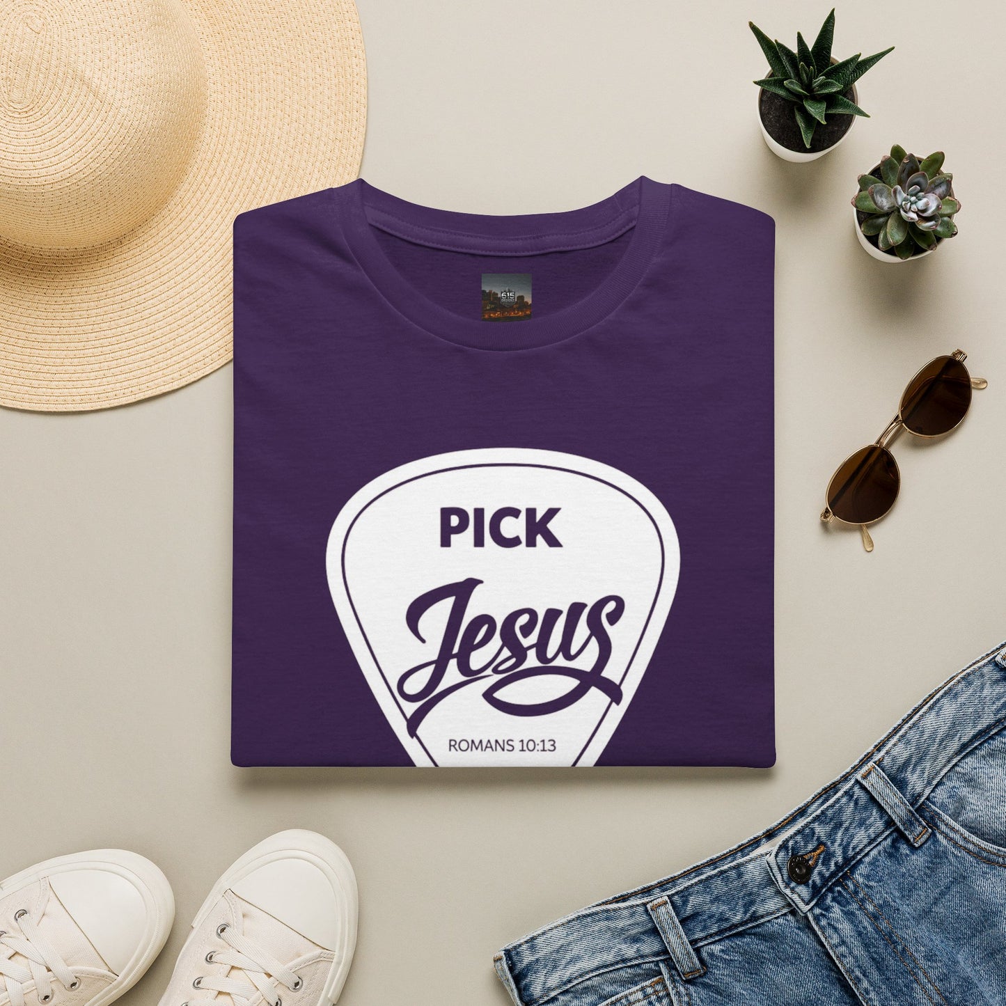 Pick Jesus T-Shirt — Christian Guitar Pick Design (Romans 10:13)
