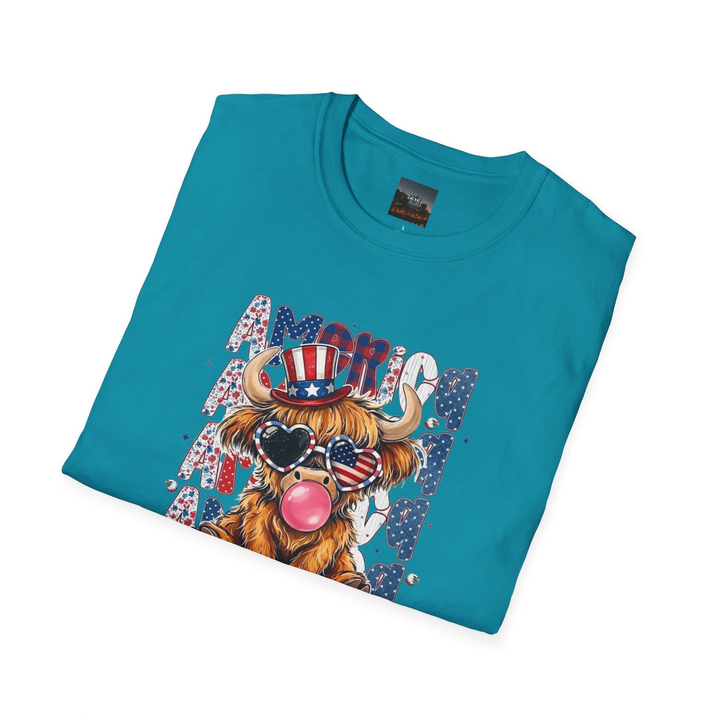 #250 American Flag Bubblegum Patriotic Highland Cow T-Shirt