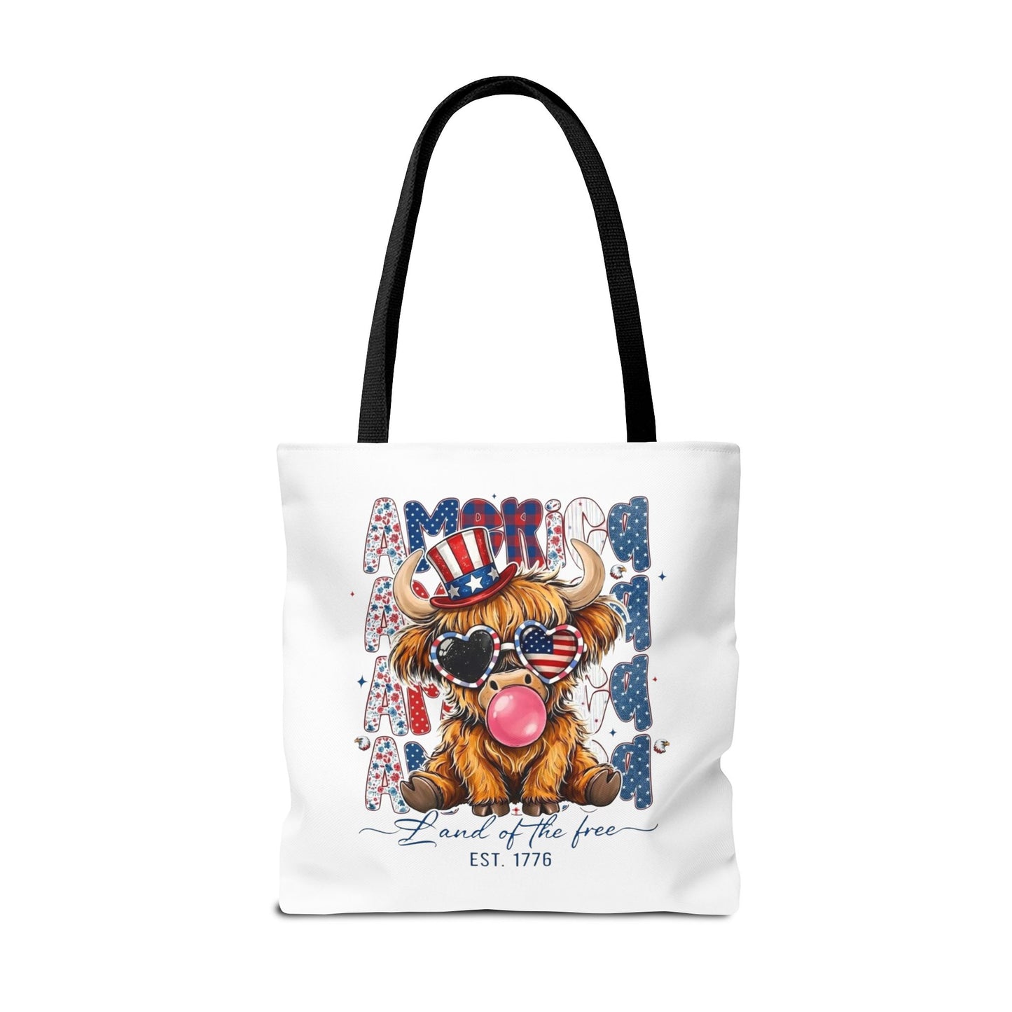 #250 American Flag Bubblegum Patriotic Highland Cow Tote Bag