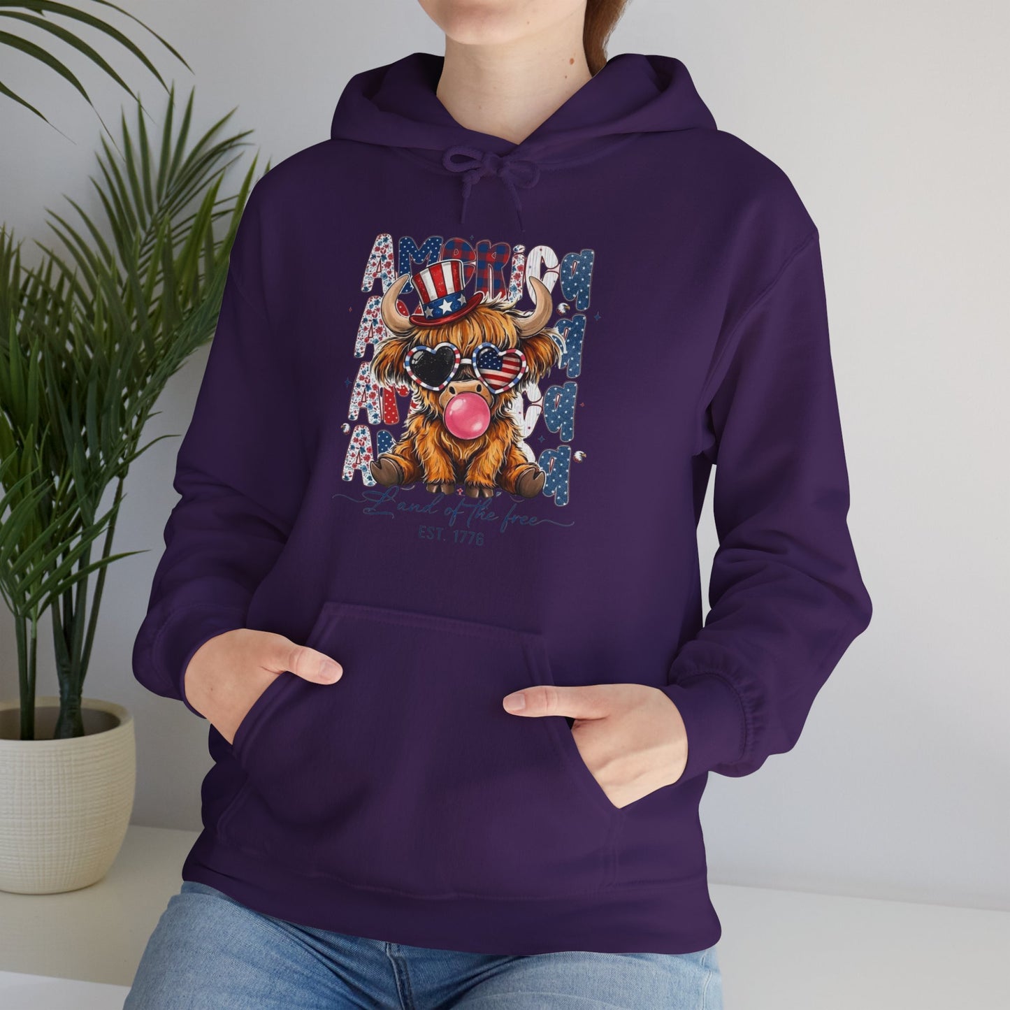 #250 American Flag Bubblegum Patriotic Highland Cow Hoodie