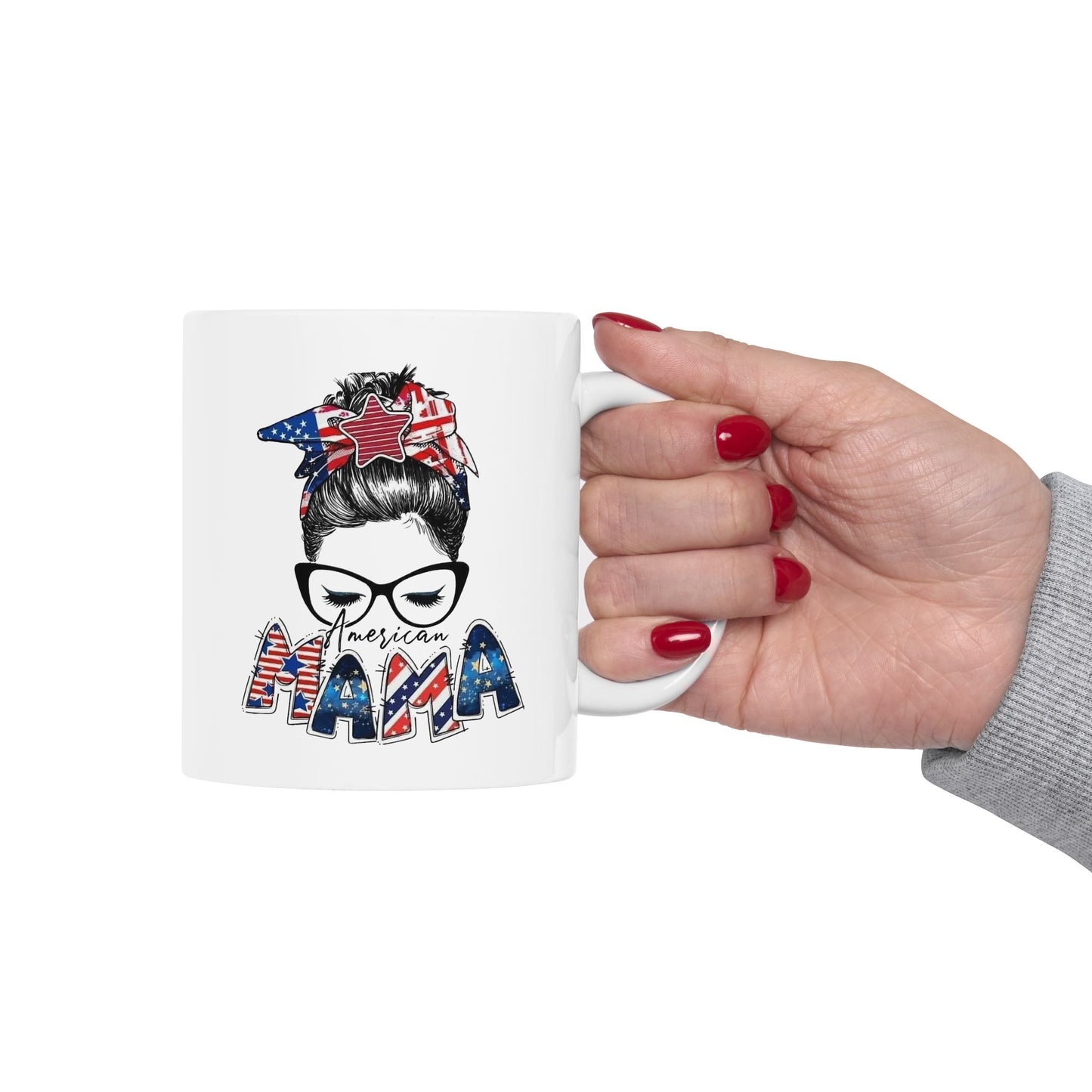 #250 Mama USA Flag Messy Bun Ceramic Mug - 11oz & 15oz