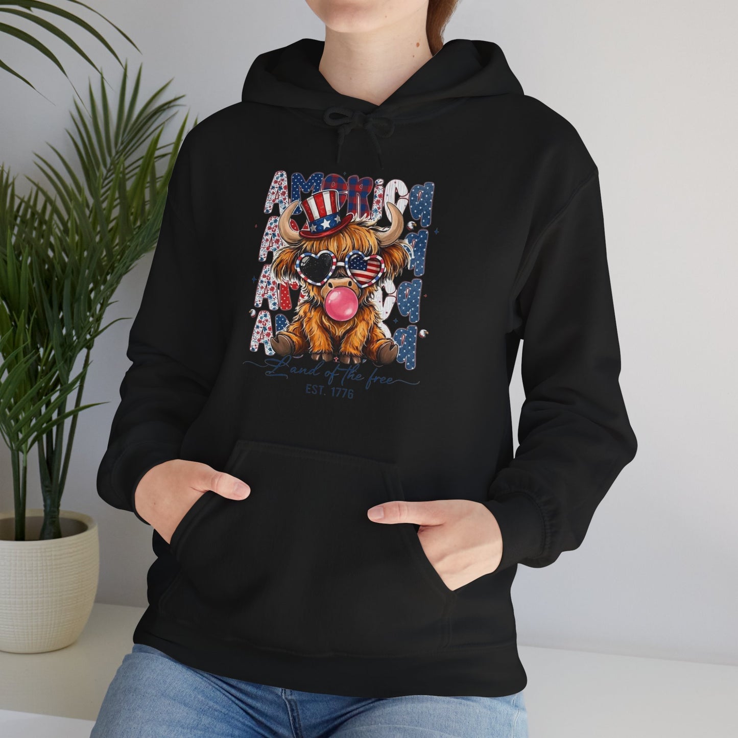 #250 American Flag Bubblegum Patriotic Highland Cow Hoodie