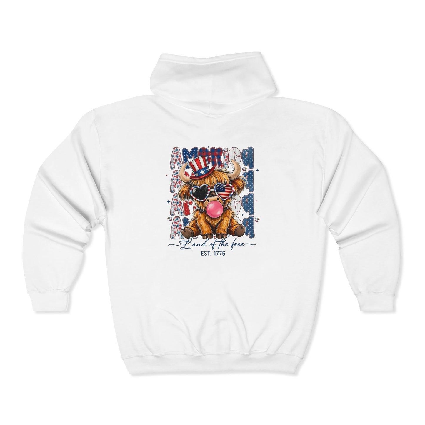#250 American Flag Bubblegum Patriotic Highland Cow Zip Hoodie
