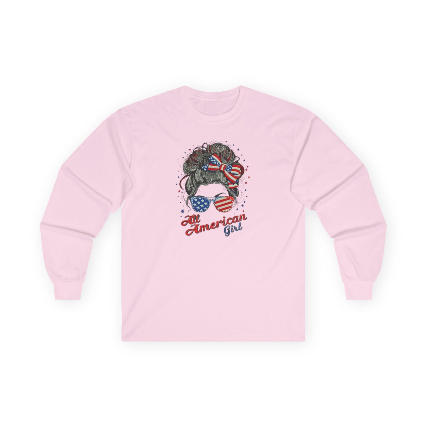 #250 "All American Girl" Patriotic Messy Bun Long Sleeve Tee