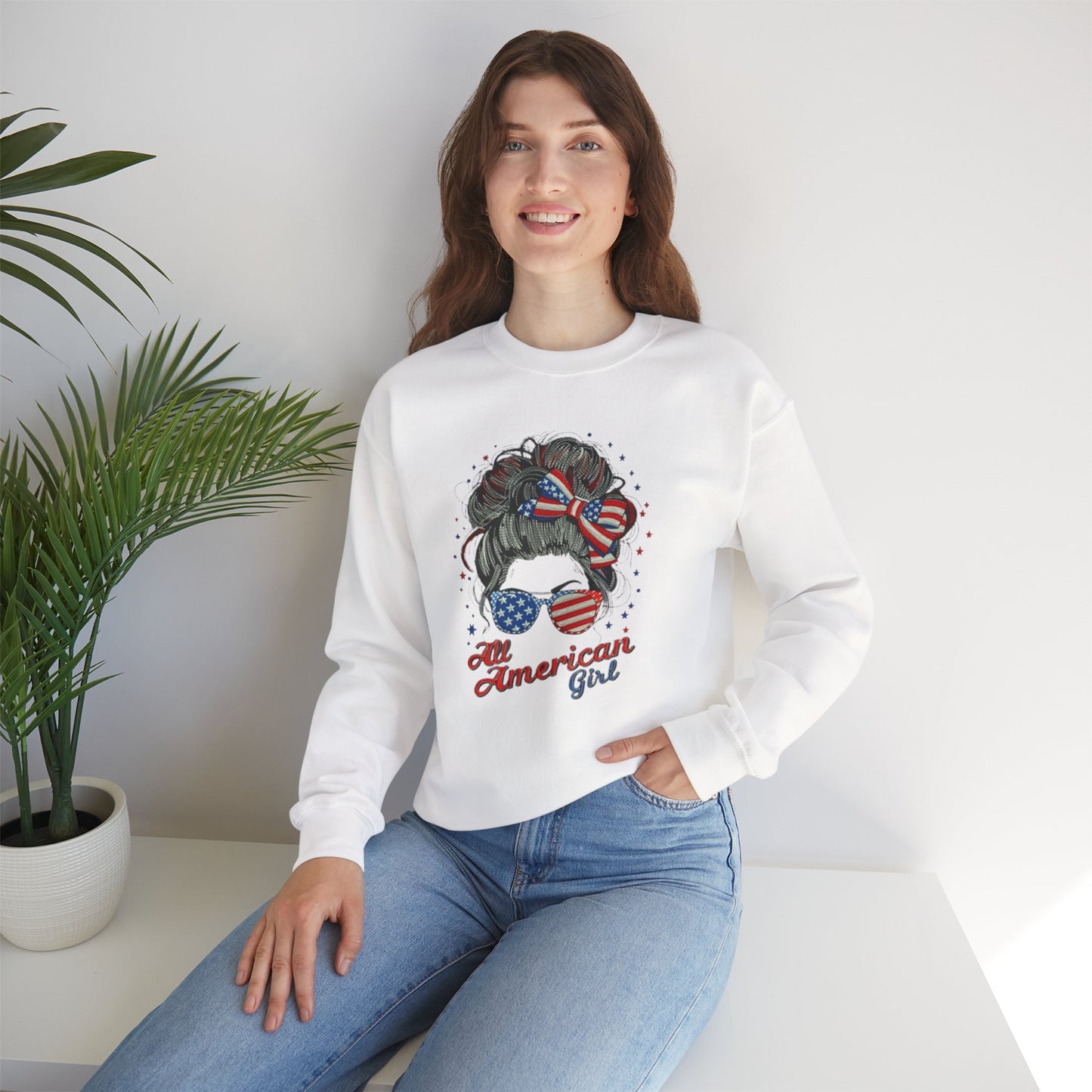 #250 "All American Girl" Patriotic Messy Bun Sweatshirt