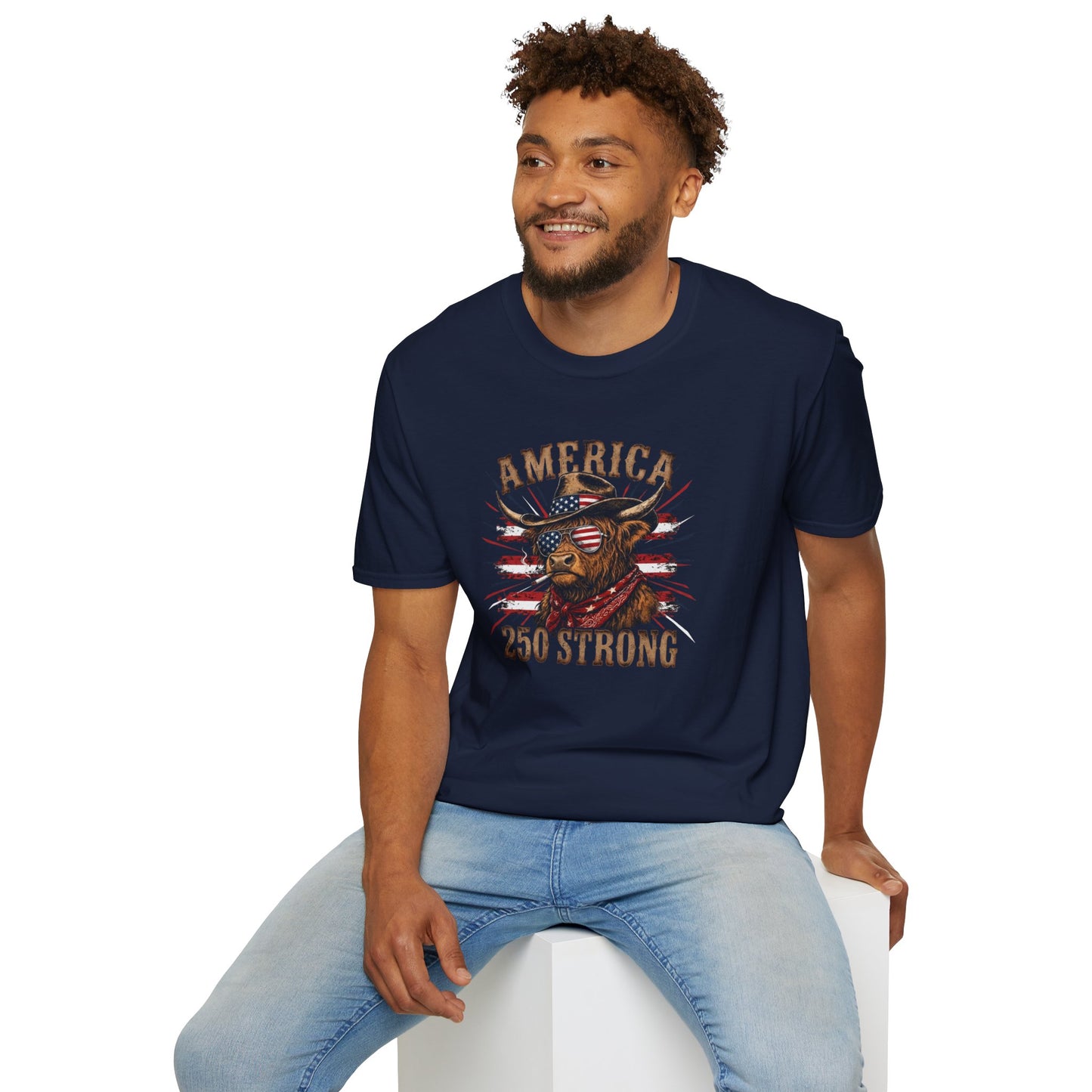 #250 America 250 Strong Patriotic Bull with American Flag T-Shirt