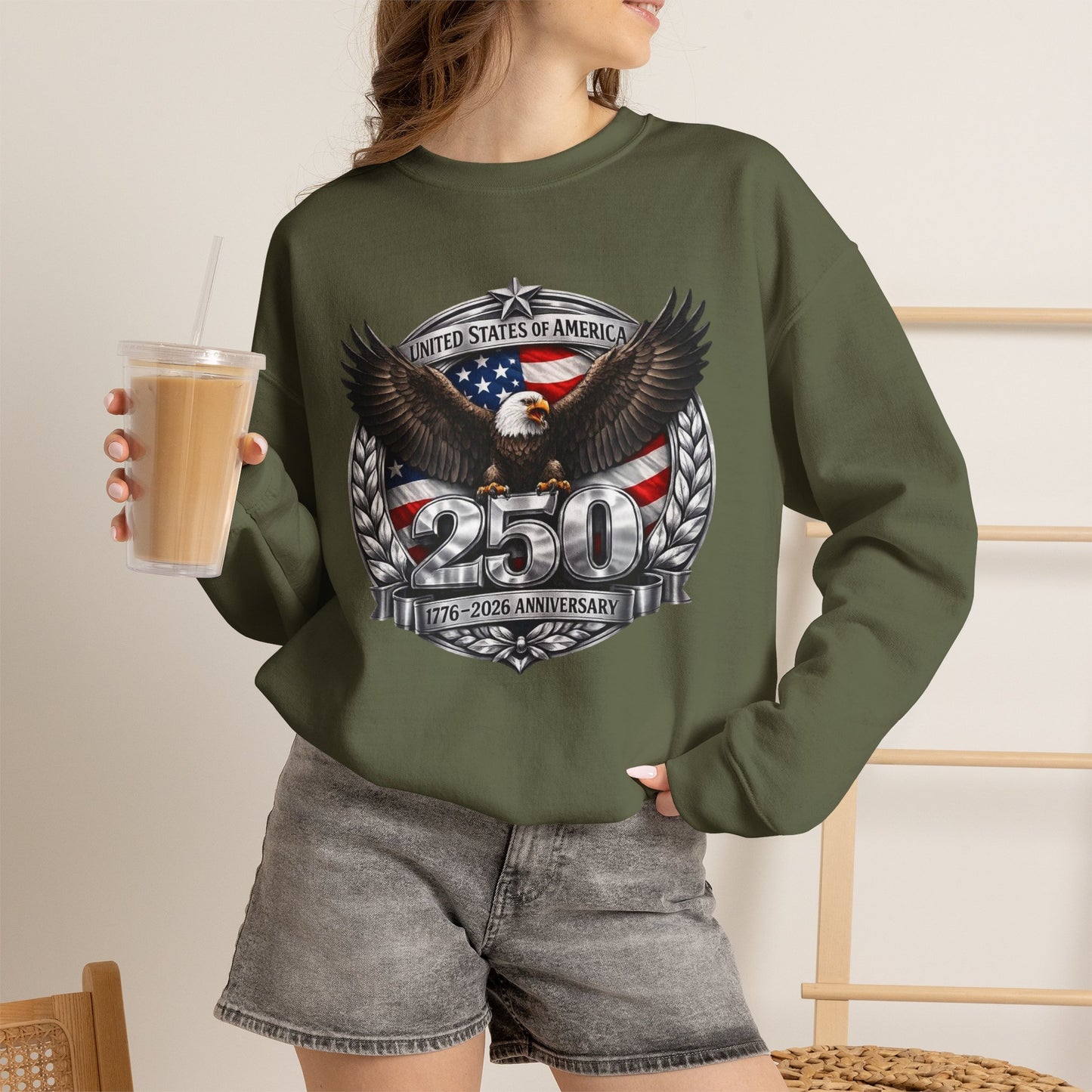 #250 Patriotic Bald Eagle 250 United States Emblem Crewneck Sweatshirt