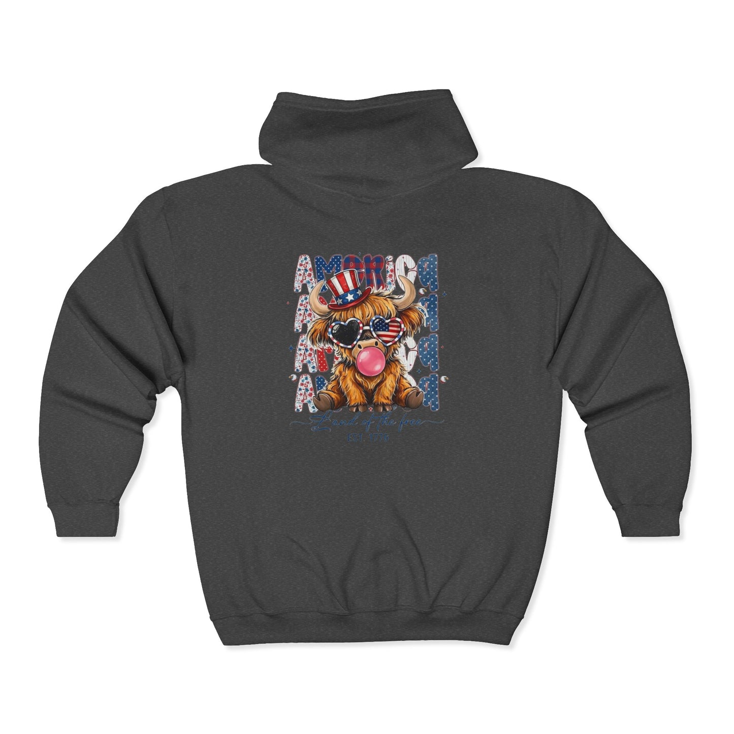#250 American Flag Bubblegum Patriotic Highland Cow Zip Hoodie
