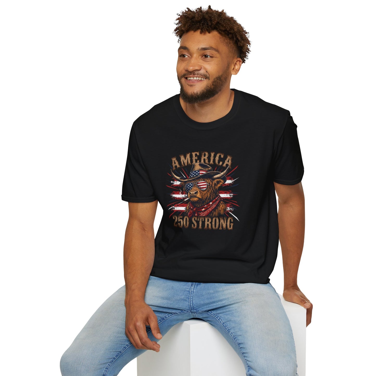 #250 America 250 Strong Patriotic Bull with American Flag T-Shirt