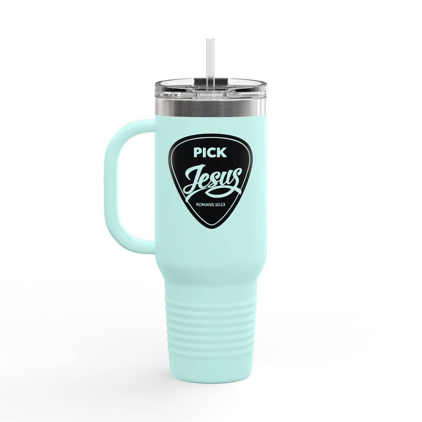 Pick Jesus Guitar Pick Insulated Travel Mug 40oz — Christian Design (Romans 10:13) Faith Travel Tumbler
