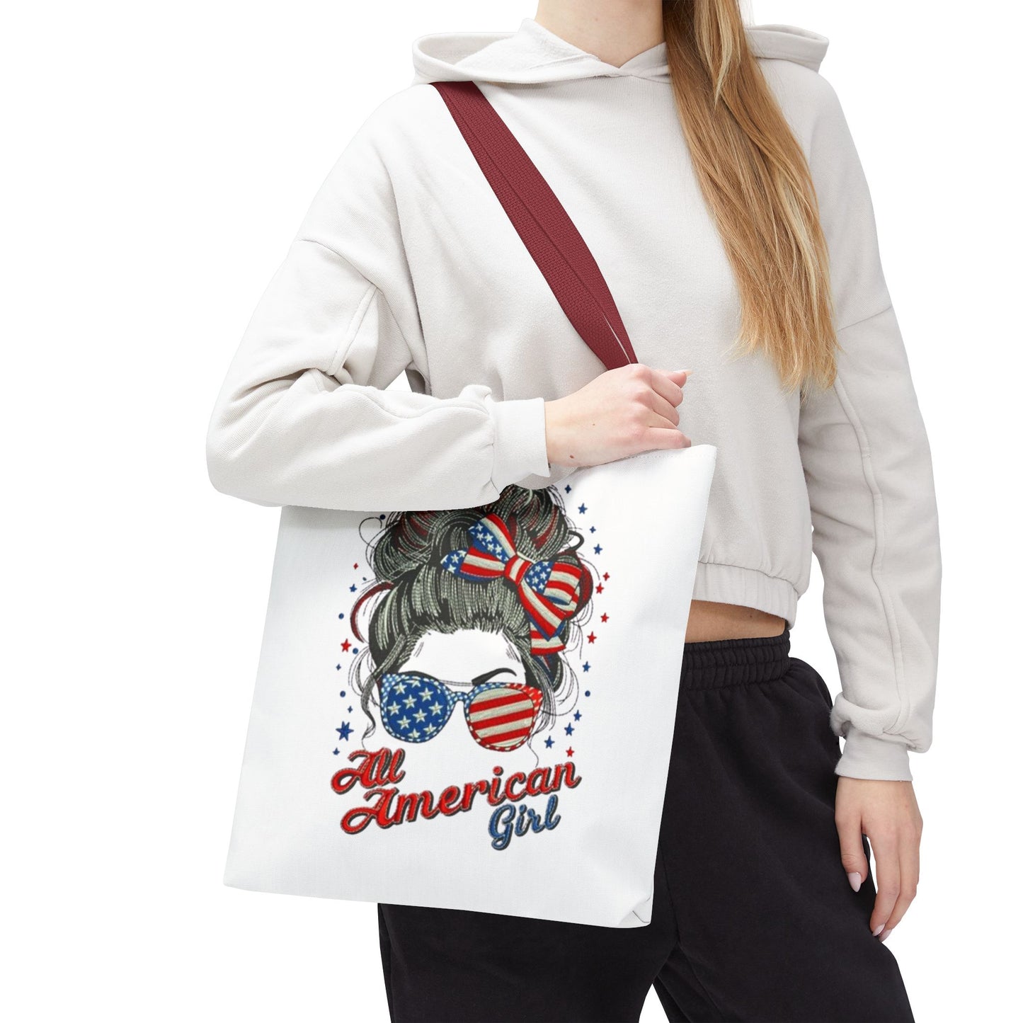#250 "All American Girl" Patriotic Messy Bun Tote Bag