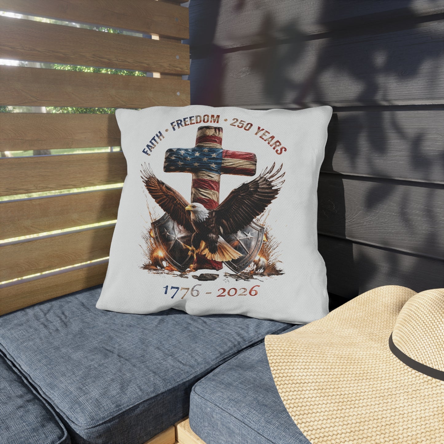 #250 Faith • Freedom 250 Years American Flag Cross & Eagle 1776-2026 Outdoor Throw Pillow