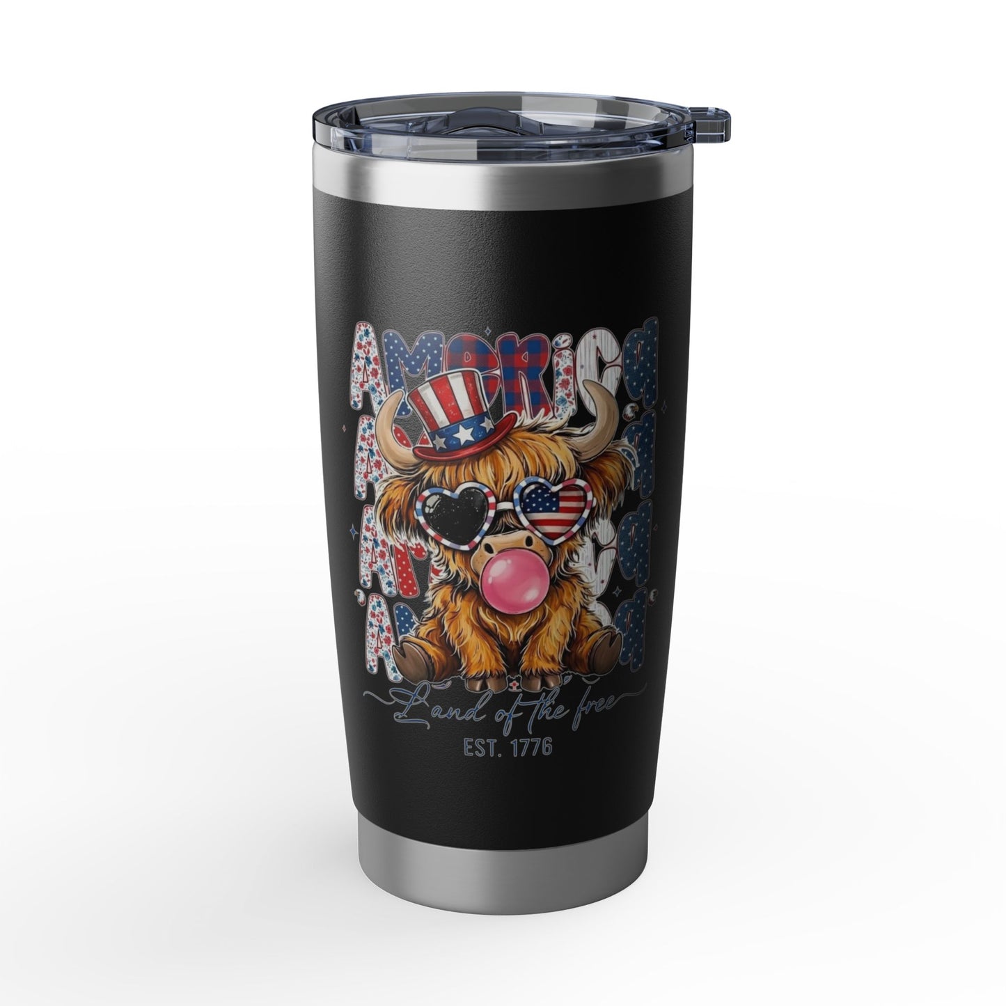 #250 American Flag Bubblegum Patriotic Highland Cow 20oz Stainless Travel Tumbler 'Vagabond'