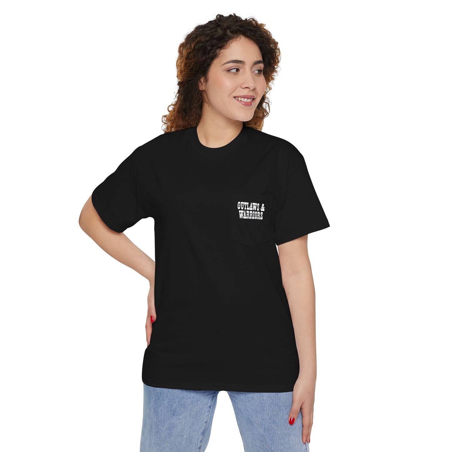 Outlaws & Warriors 100% Cotton Pocket T-Shirt — Minimal Pocket Logo with Graphic On Back