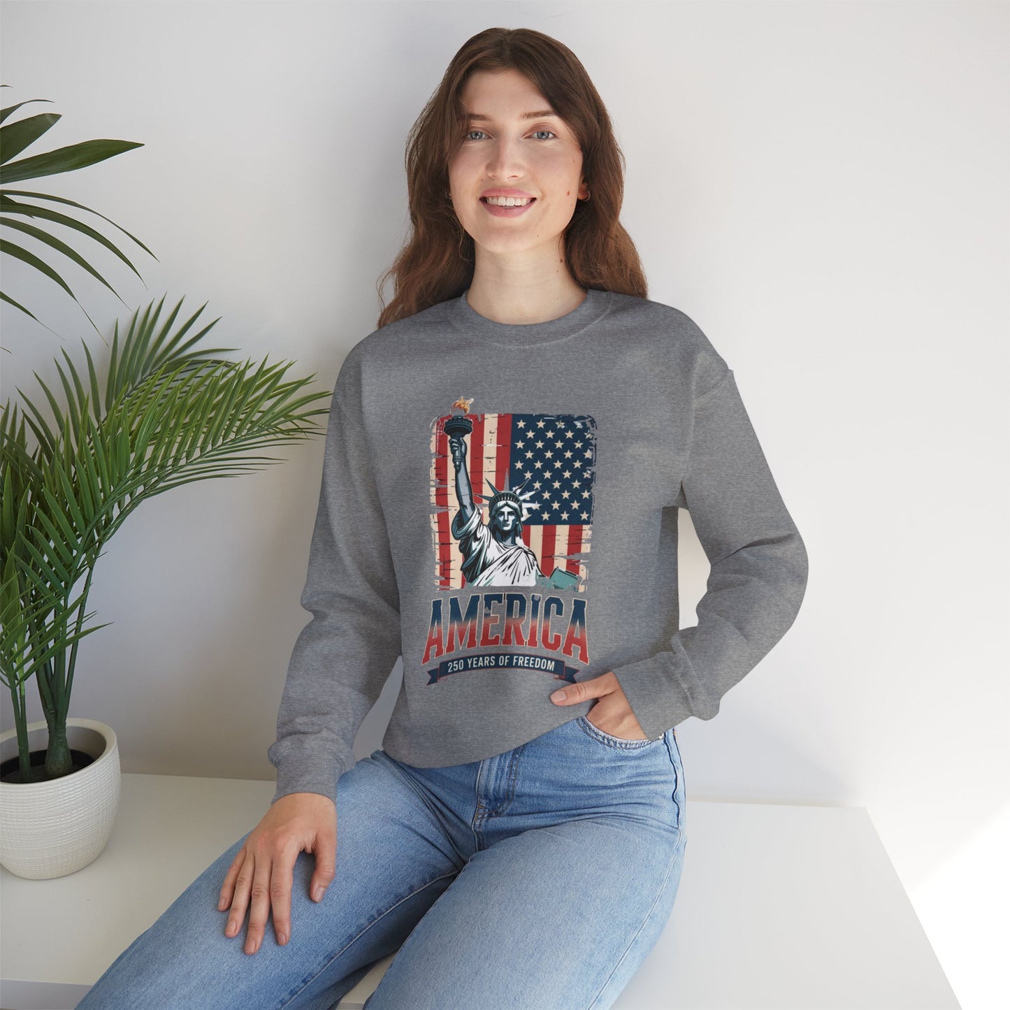#250 Statue of Liberty American Flag 'America' Patriotic Independence Day Crewneck Sweatshirt