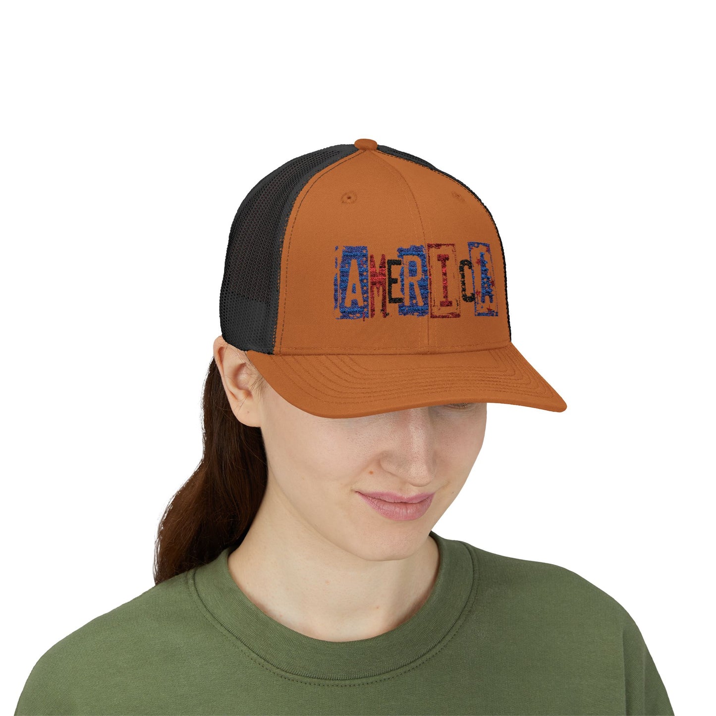 #250 America Retro Block Text Patriotic Snapback Trucker Cap