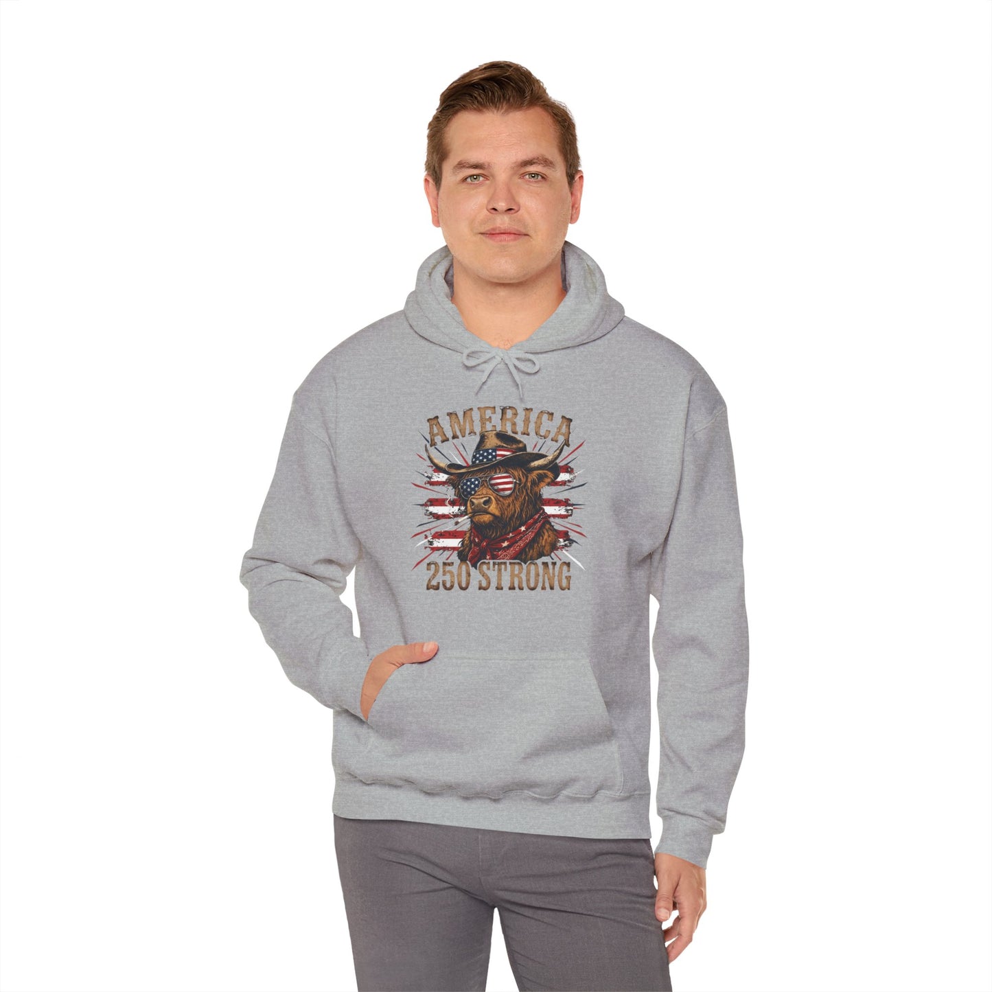 #250 America 250 Strong Patriotic Bull with American Flag Hoodie