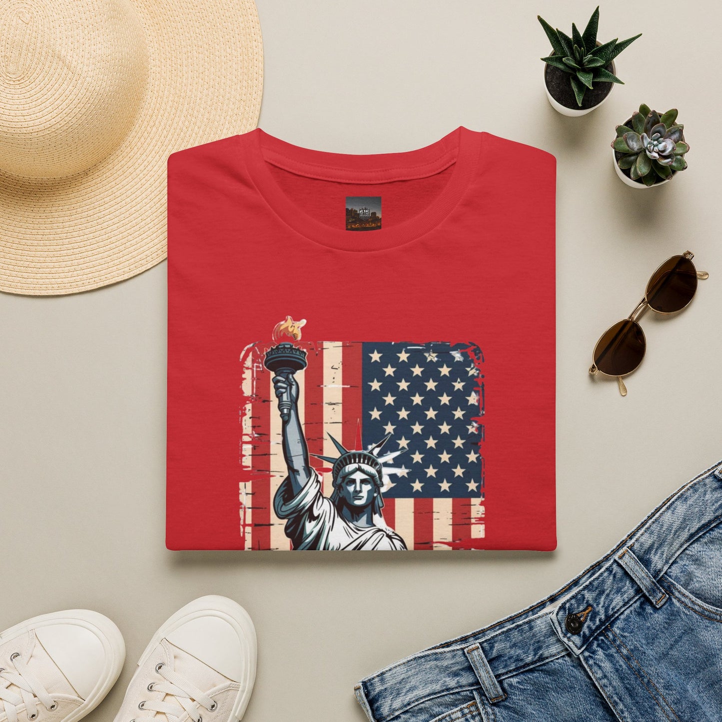 #250 Statue of Liberty American Flag 'America' Patriotic Independence Day T‑Shirt