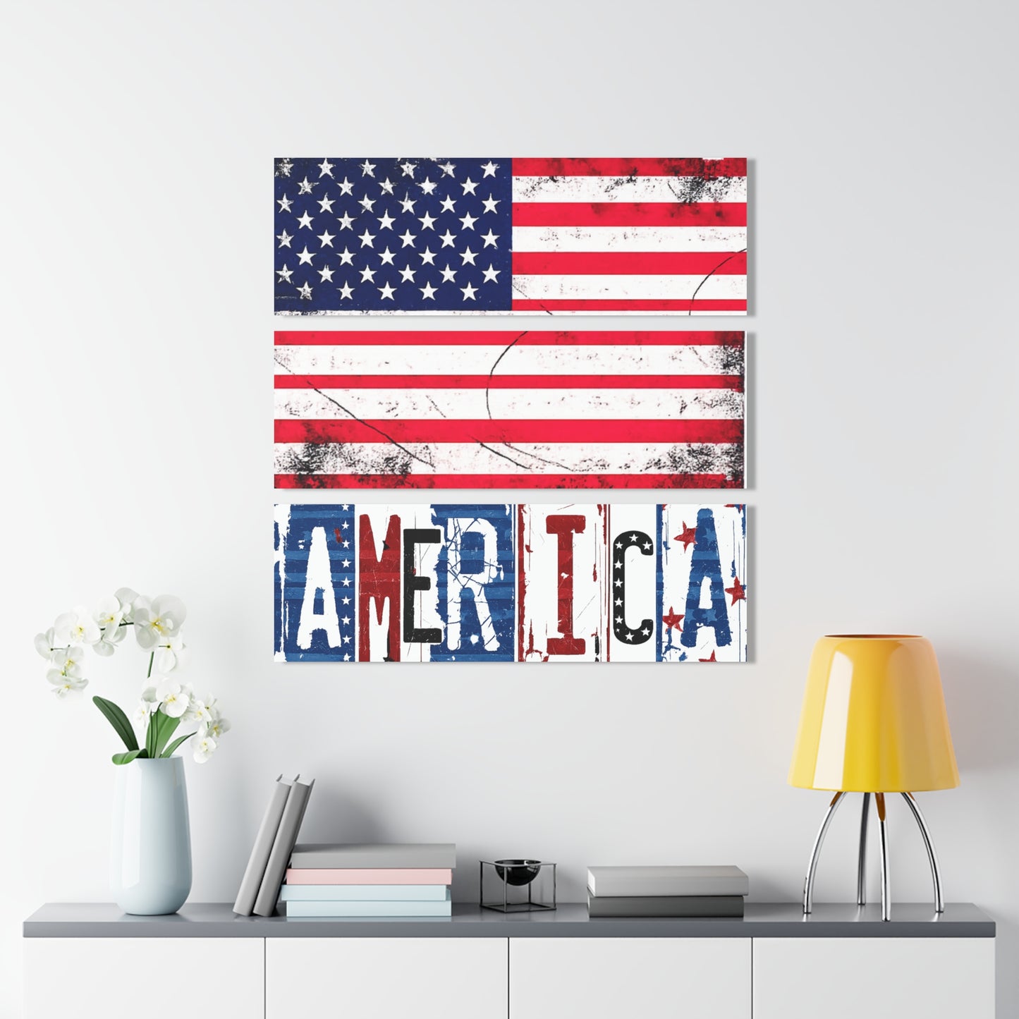 #250 America Retro Block Text Triptych Acrylic Wall Art — Patriotic America Flag Decor