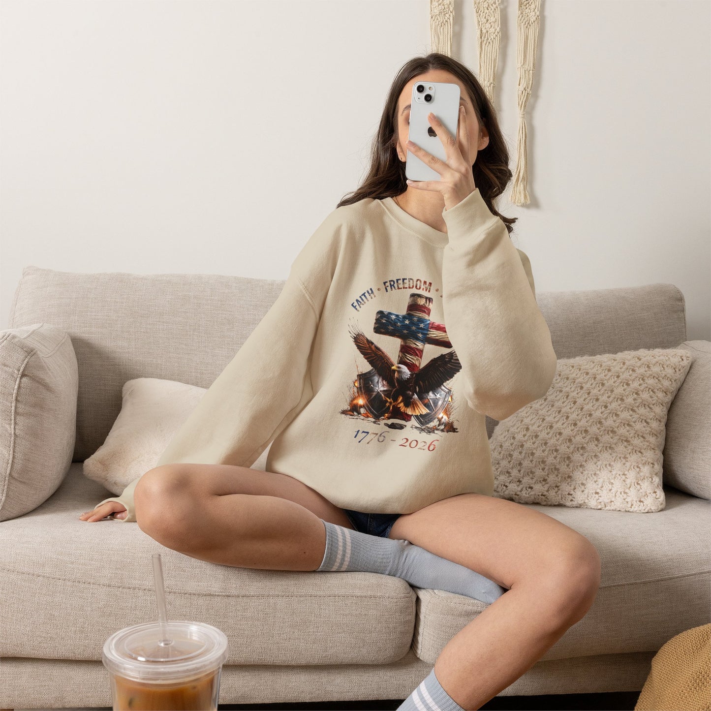 #250 Faith • Freedom 250 Years American Flag Cross & Eagle 1776-2026 Crewneck Sweatshirt