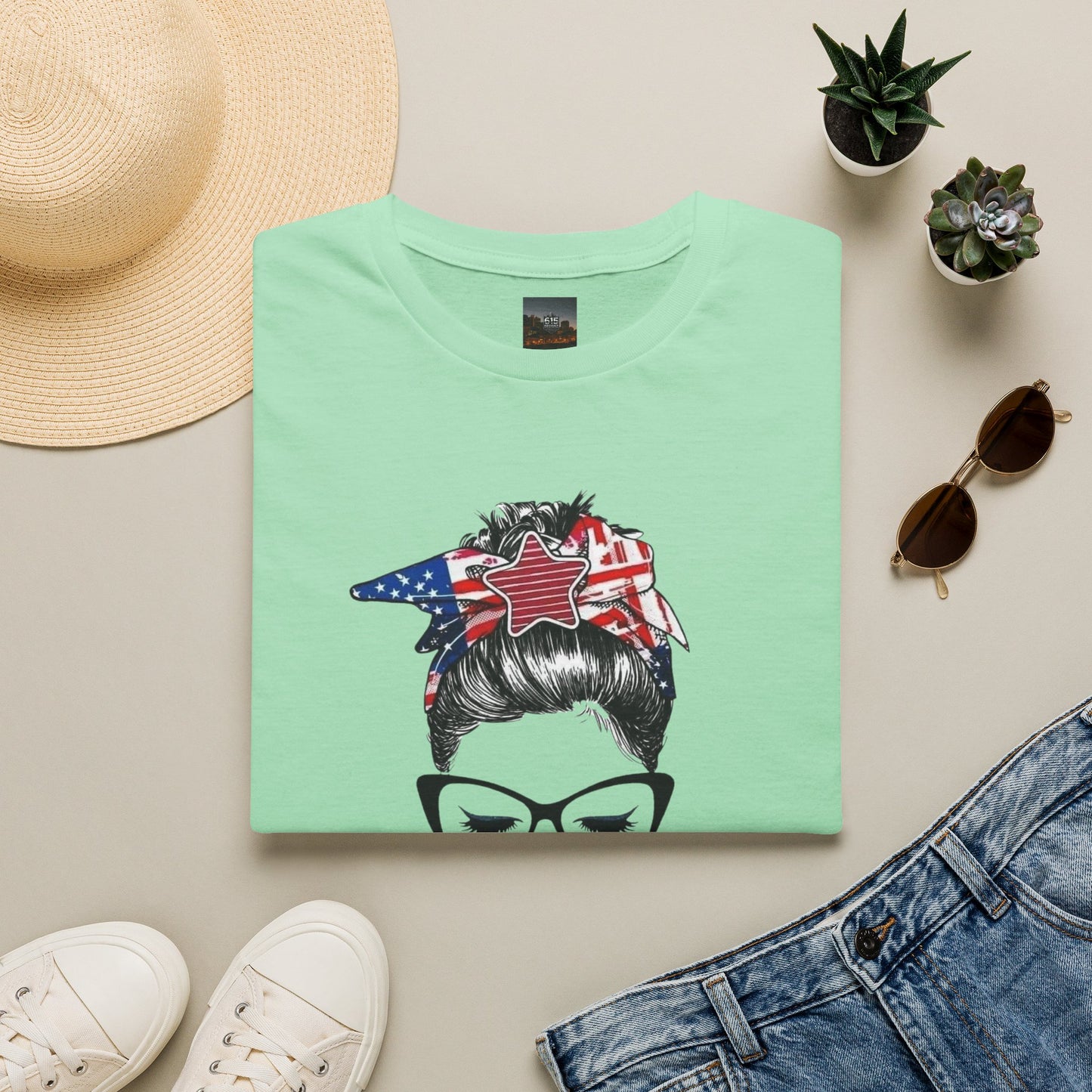 Mama USA Flag Messy Bun T-Shirt