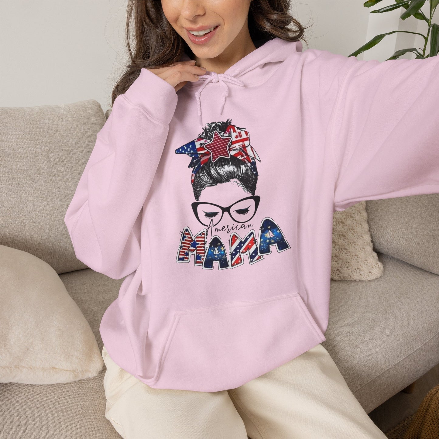 #250 Mama USA Flag Messy Bun Hoodie