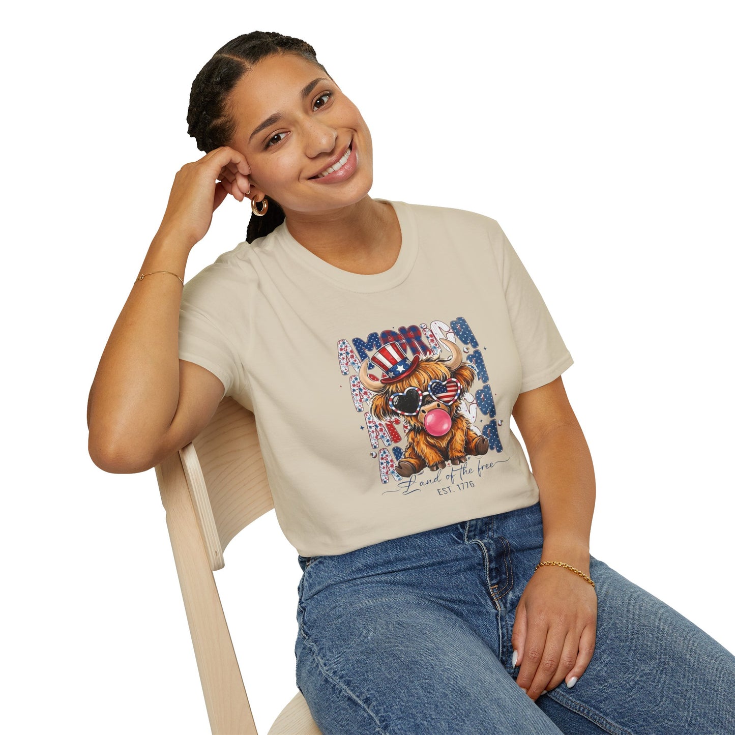 #250 American Flag Bubblegum Patriotic Highland Cow T-Shirt