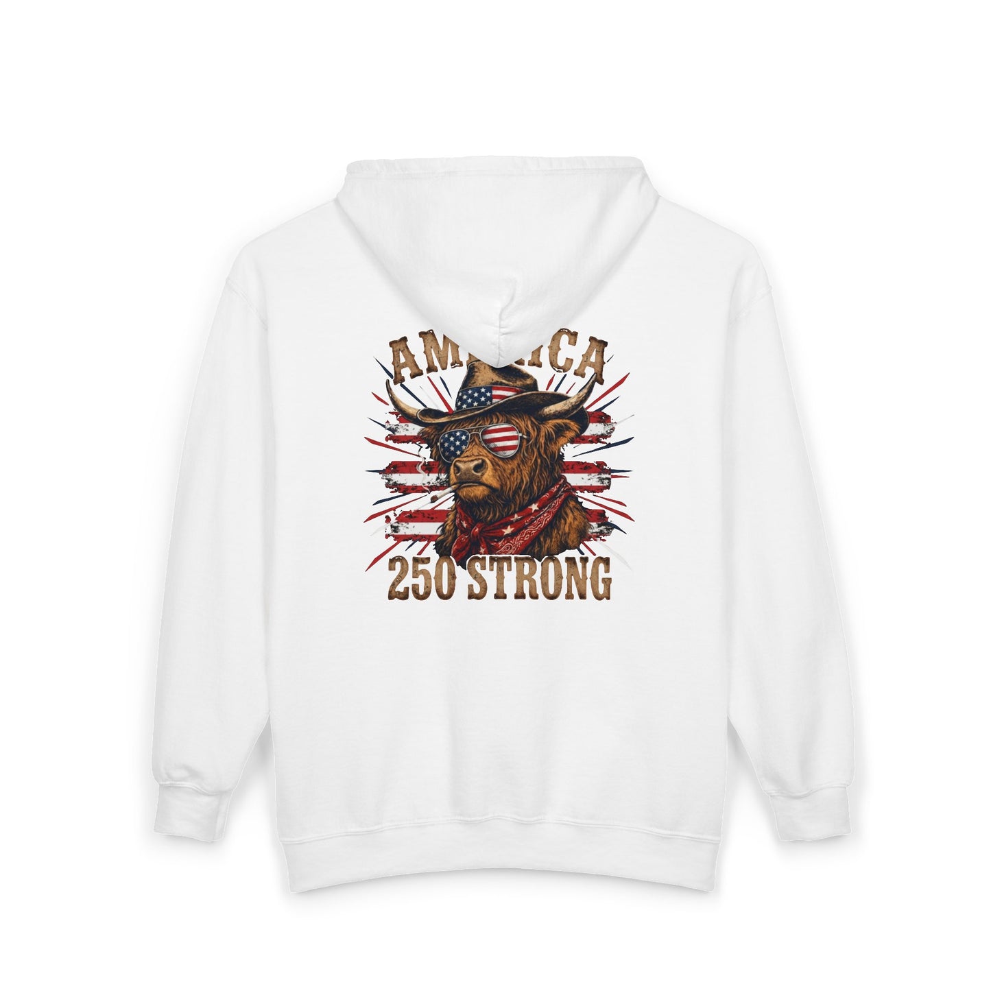 #250 America 250 Strong Patriotic Bull with American Flag Zip Hoodie