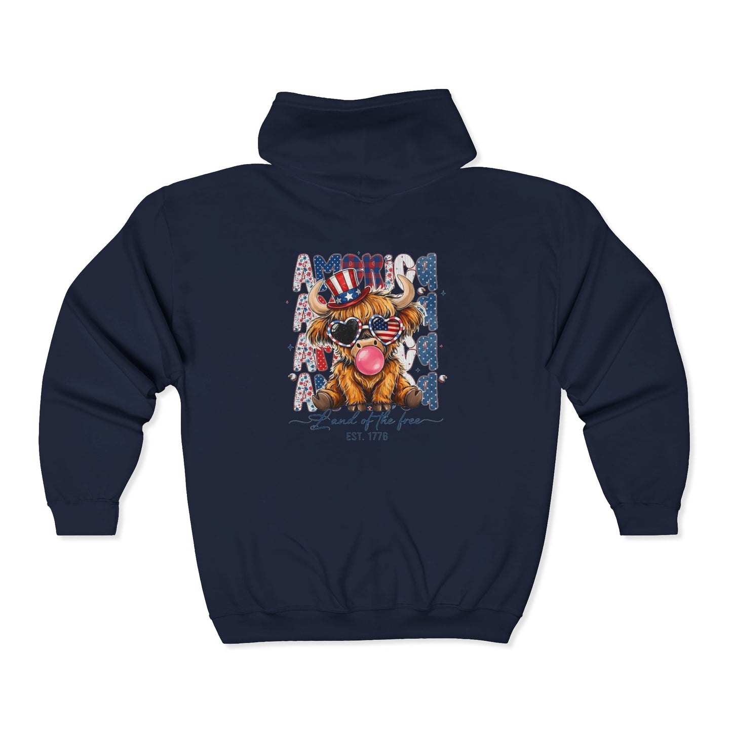 #250 American Flag Bubblegum Patriotic Highland Cow Zip Hoodie