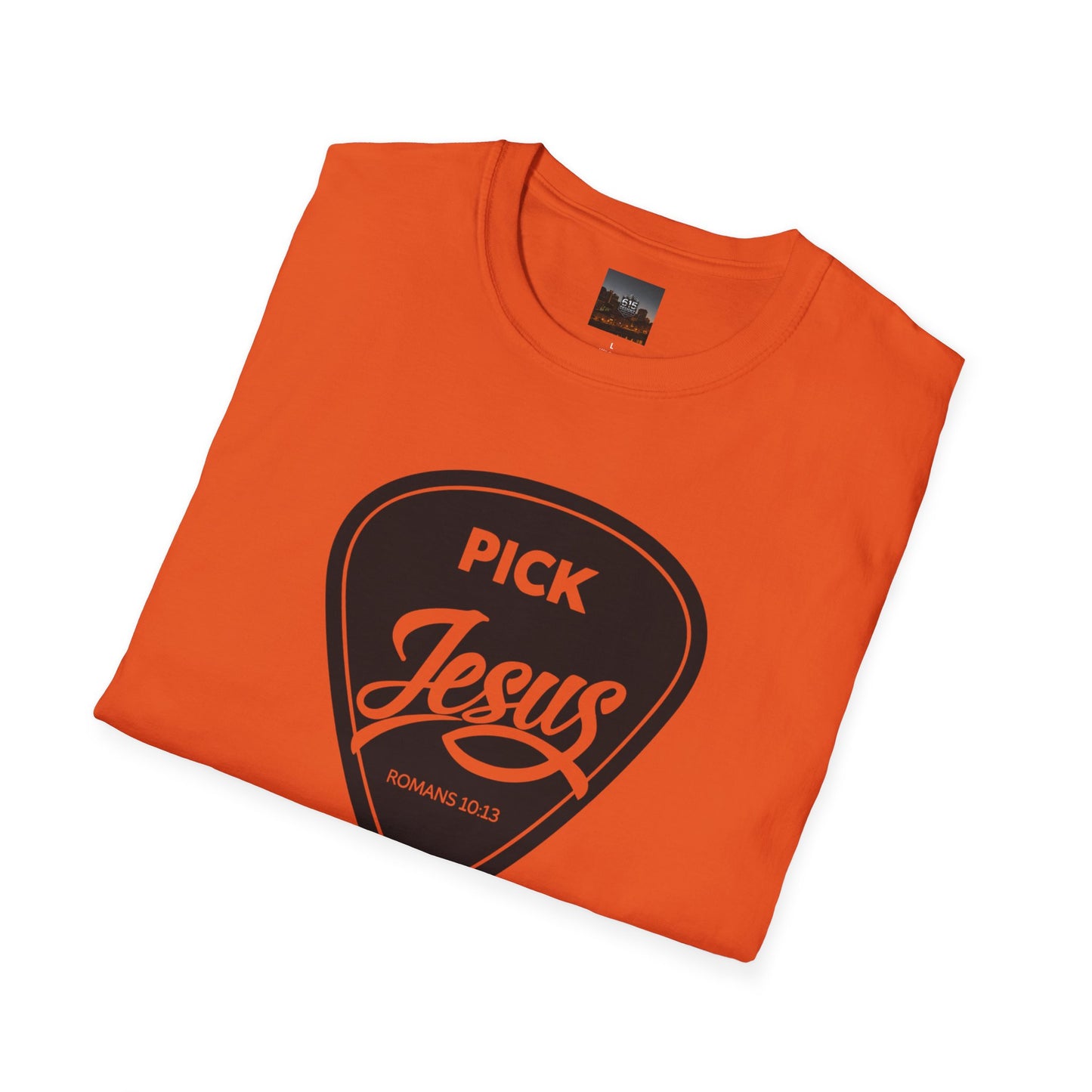 Pick Jesus T-Shirt — Christian Guitar Pick Design (Romans 10:13)
