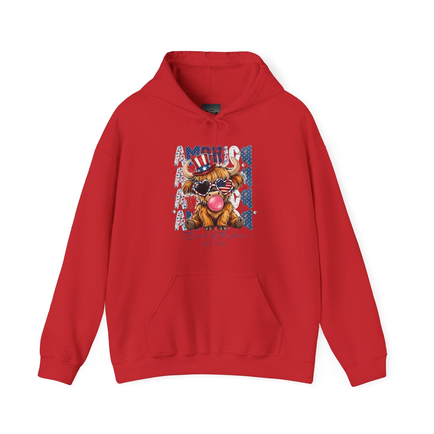 #250 American Flag Bubblegum Patriotic Highland Cow Hoodie