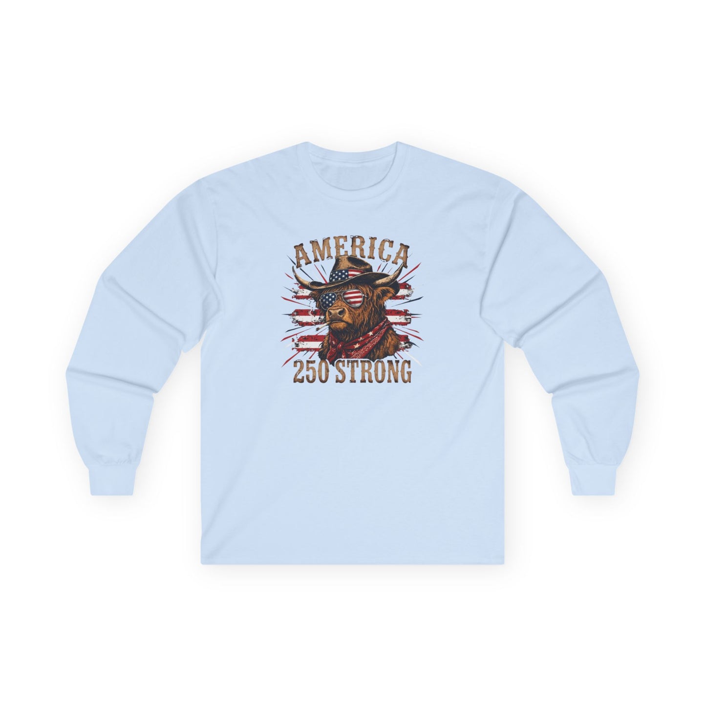 #250 America 250 Strong Patriotic Bull with American Flag Long Sleeve Tee