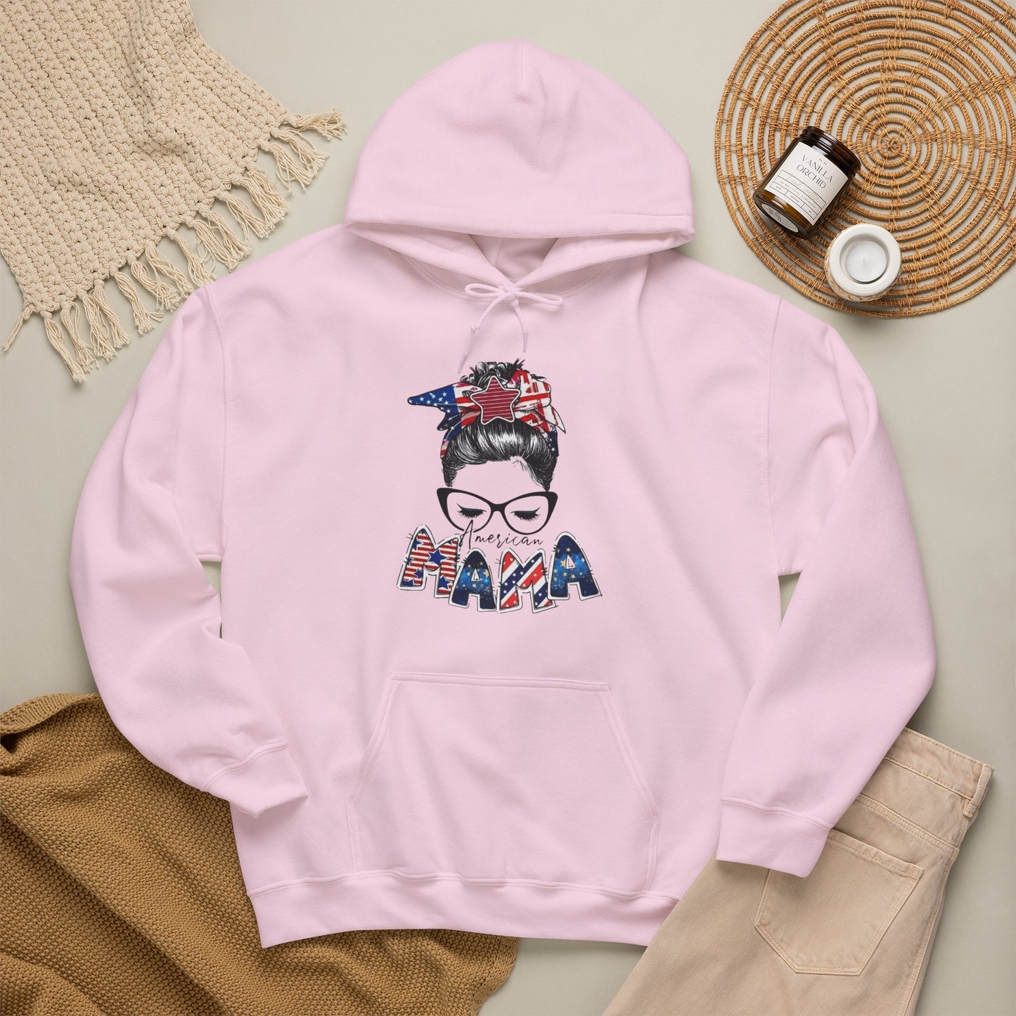 #250 Mama USA Flag Messy Bun Hoodie