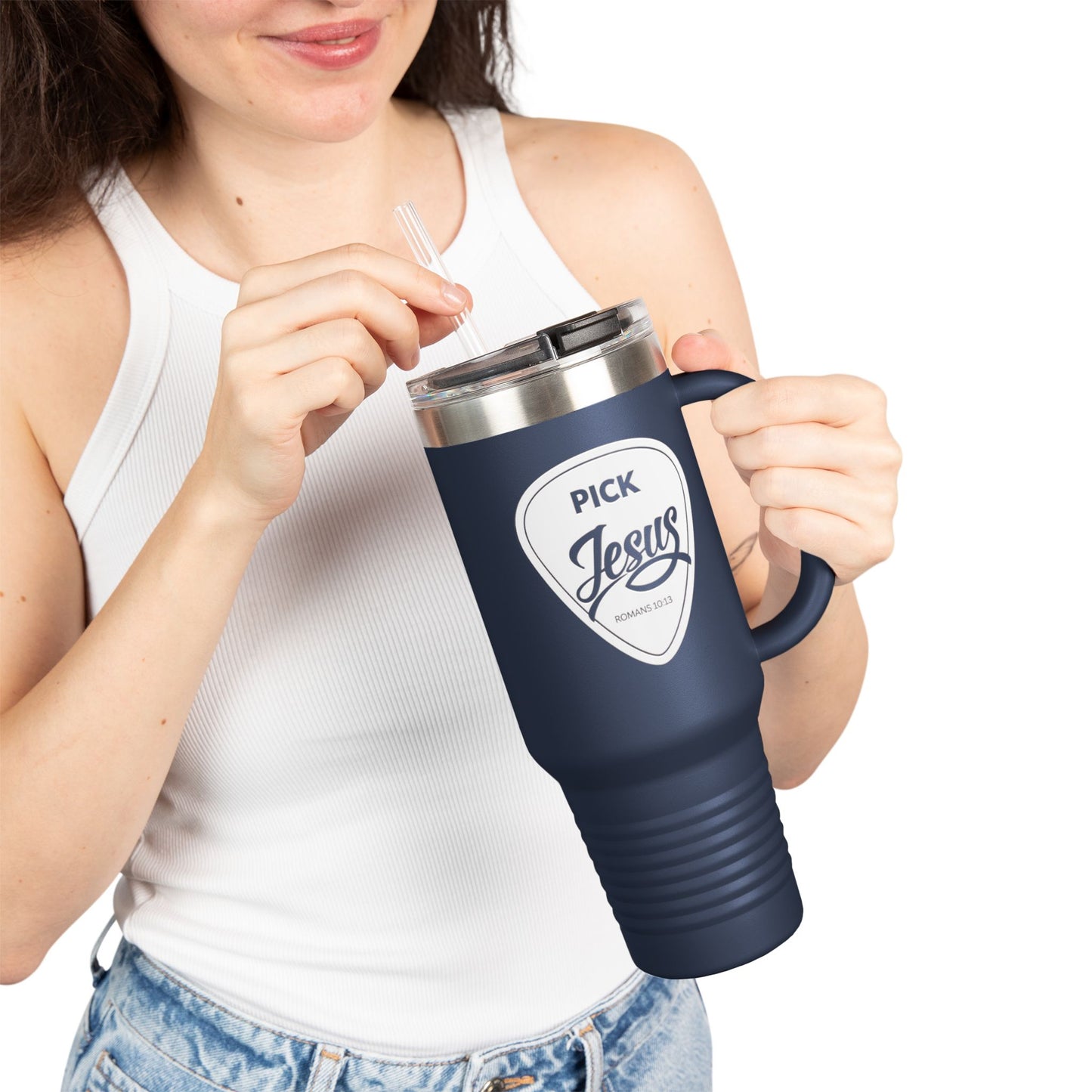 Pick Jesus Guitar Pick 40oz Christian Guitar Pick Design (Romans 10:13) Insulated Travel Mug
