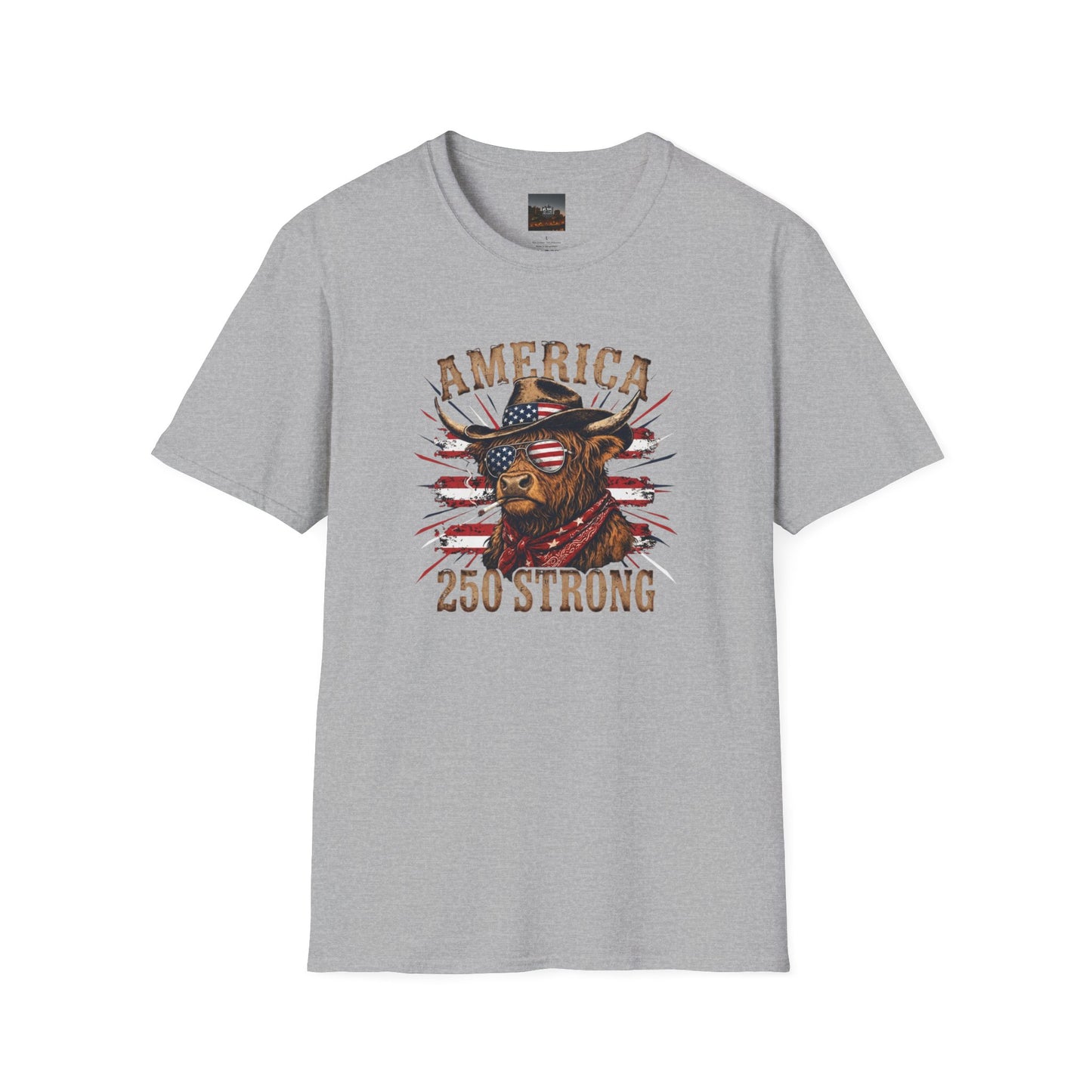 #250 America 250 Strong Patriotic Bull with American Flag T-Shirt