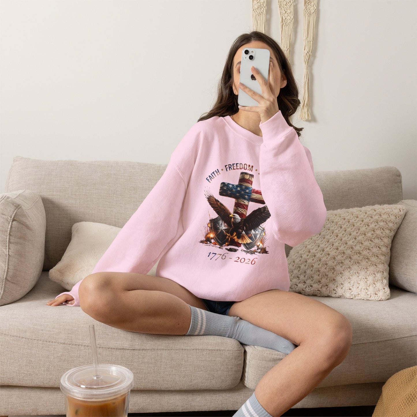 #250 Faith • Freedom 250 Years American Flag Cross & Eagle 1776-2026 Crewneck Sweatshirt