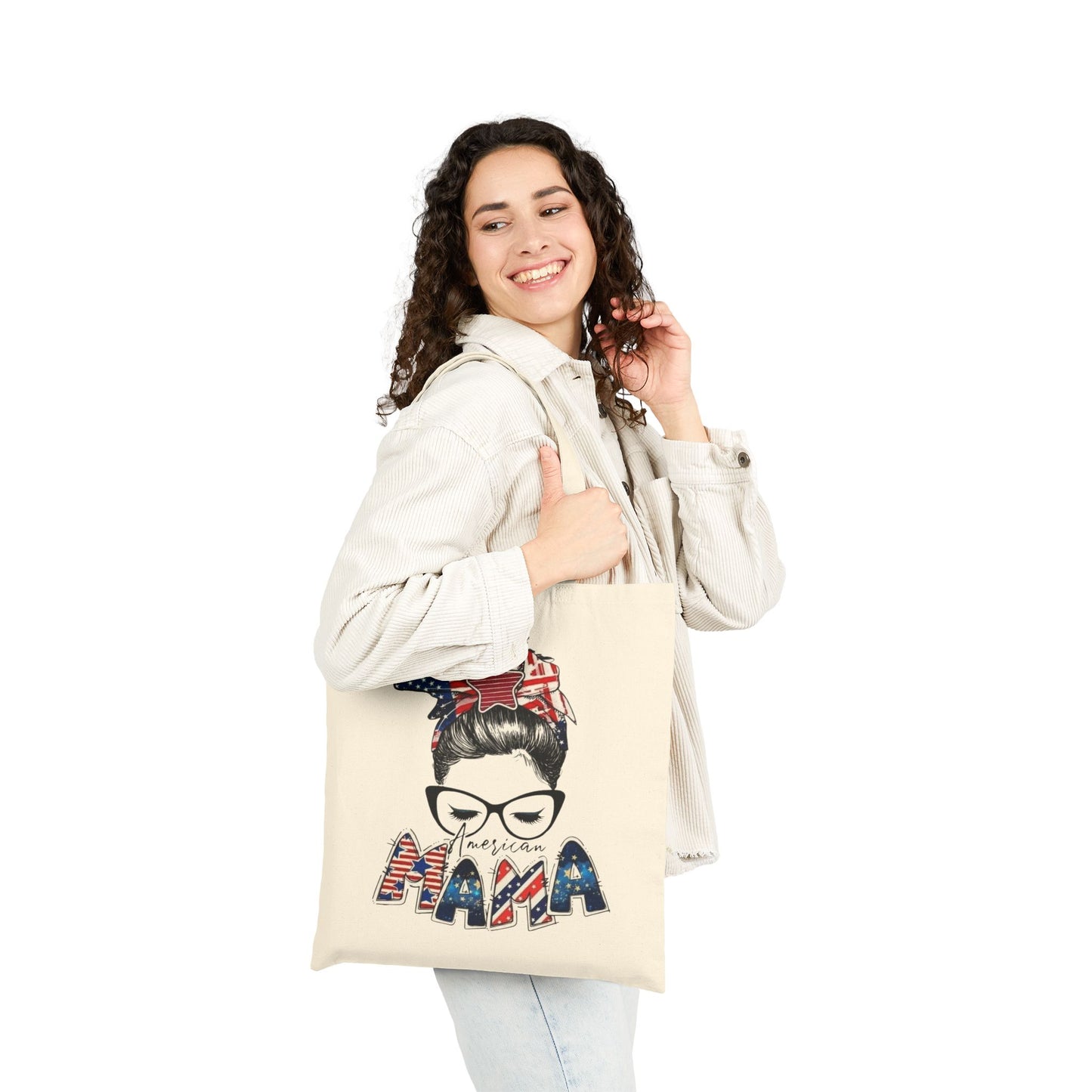 #250 Mama USA Flag Messy Bun Canvas Tote Bag
