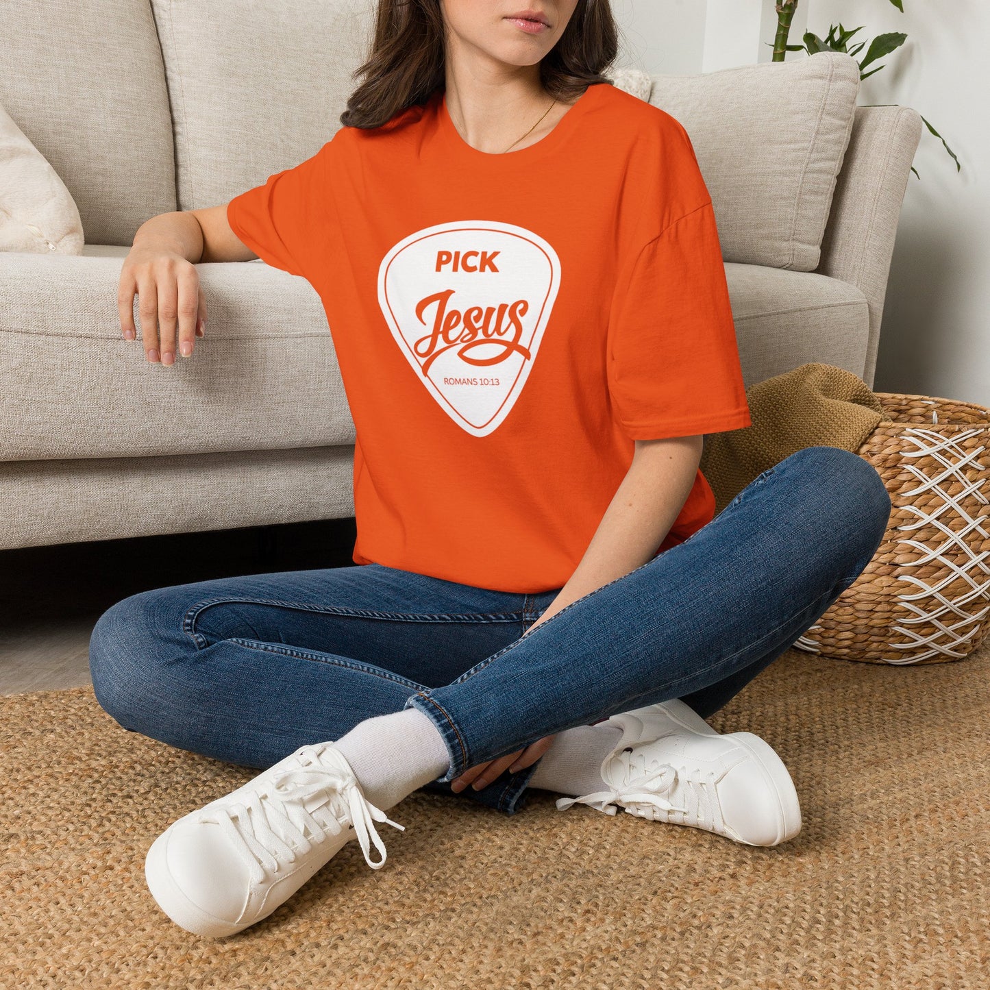 Pick Jesus T-Shirt — Christian Guitar Pick Design (Romans 10:13)