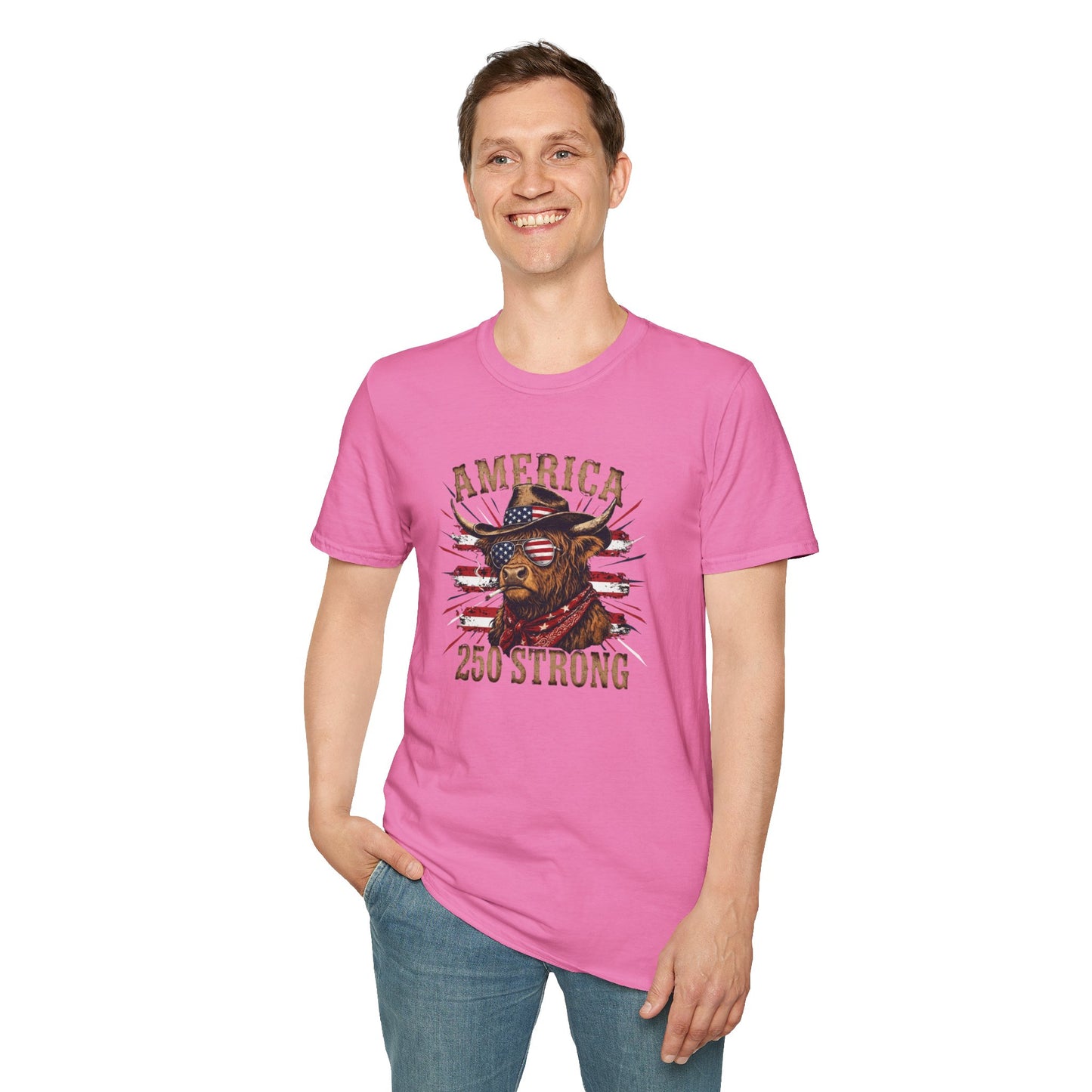 #250 America 250 Strong Patriotic Bull with American Flag T-Shirt