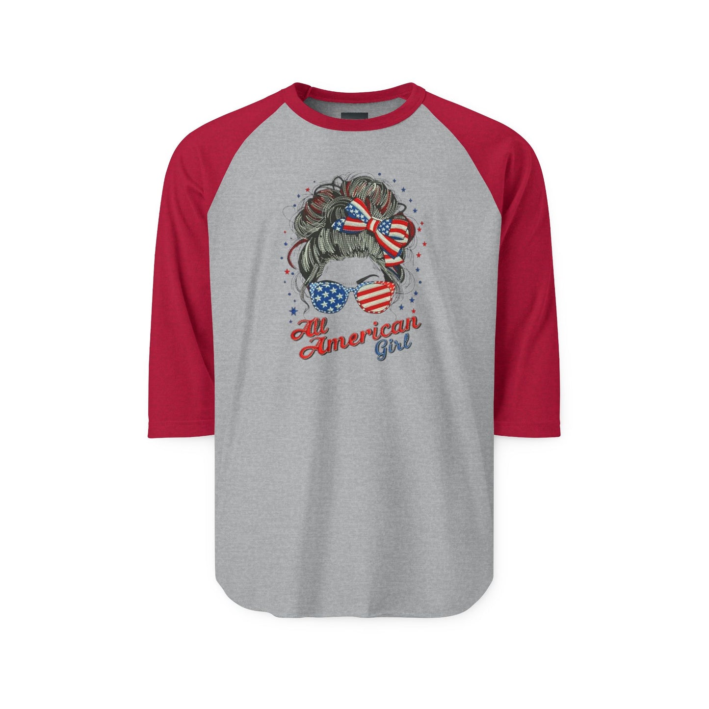 #250 "All American Girl" Patriotic Messy Bun Raglan 3/4 Sleeve Baseball Tee