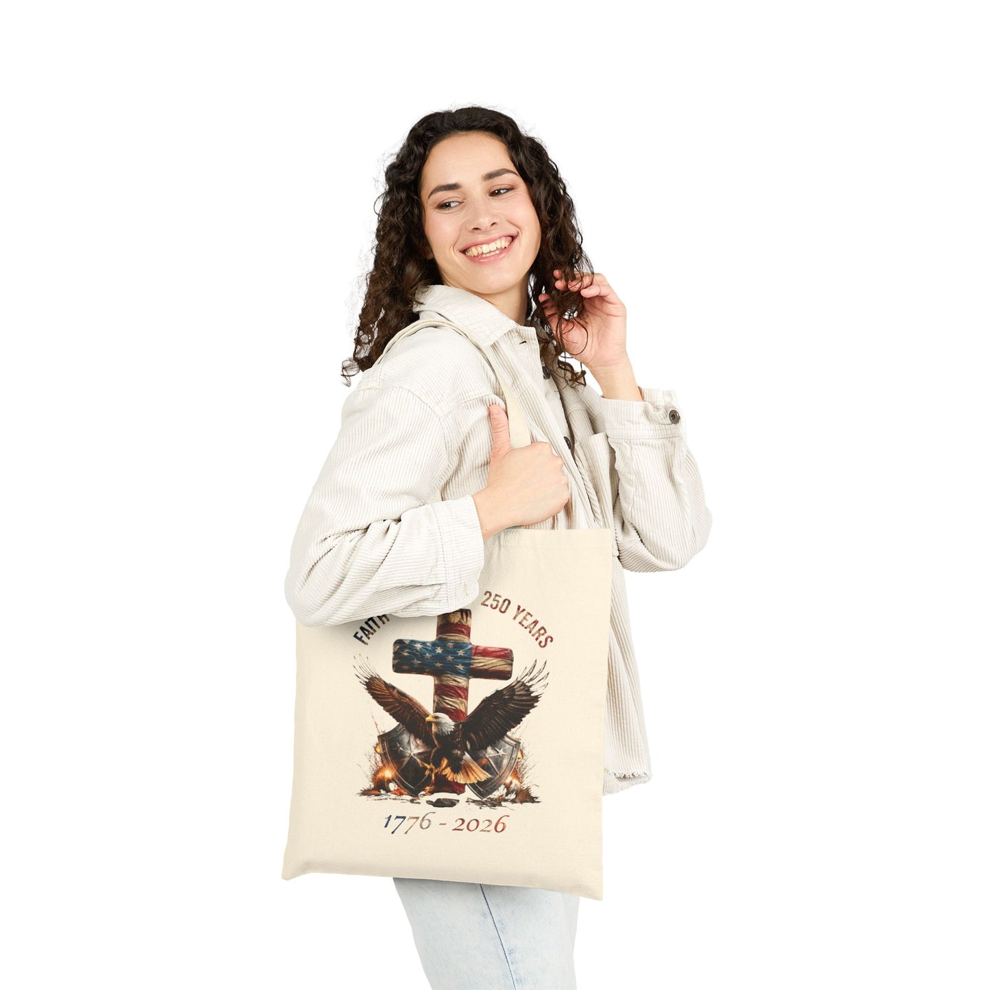 #250 Faith • Freedom 250 Years American Flag Cross & Eagle 1776-2026 Canvas Tote