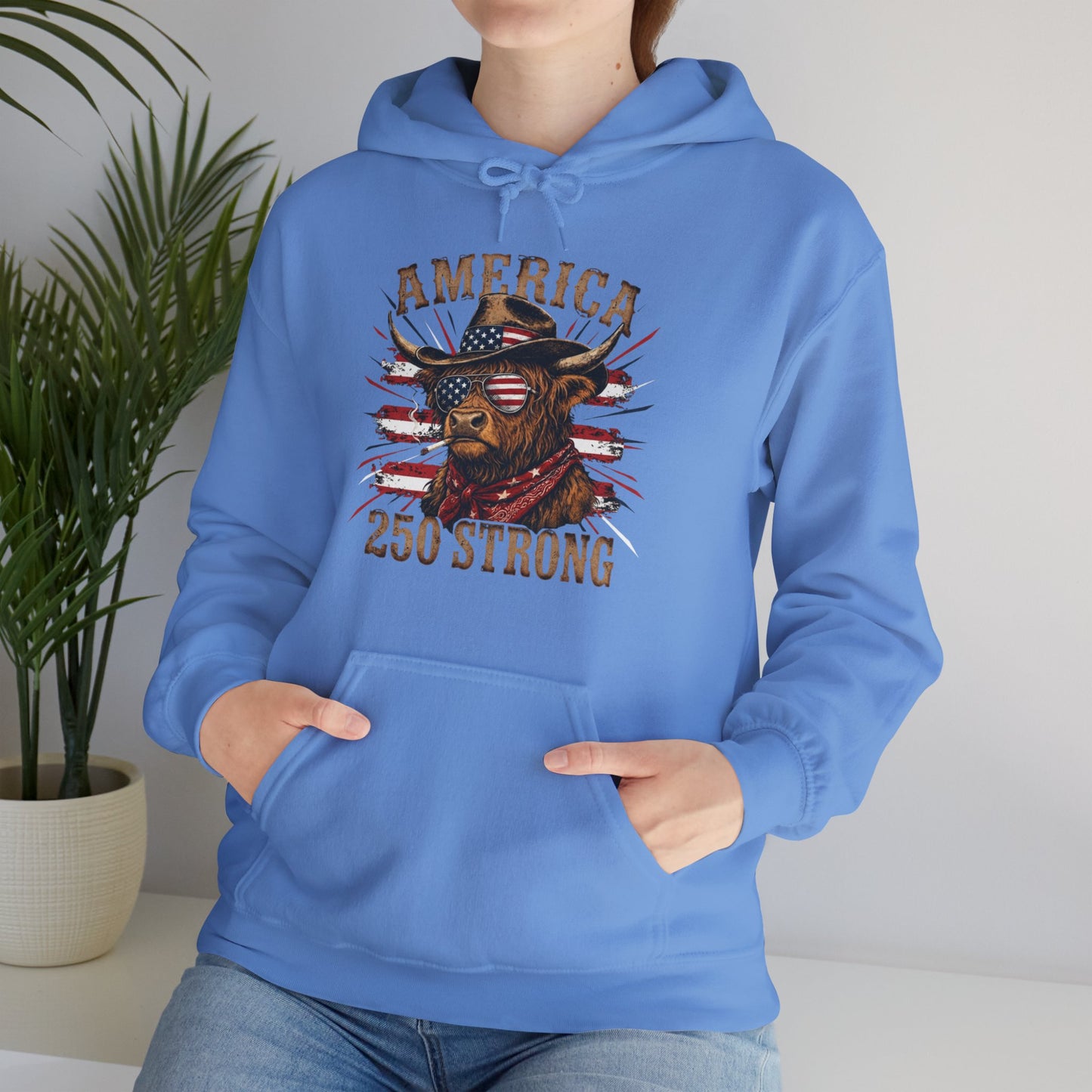 #250 America 250 Strong Patriotic Bull with American Flag Hoodie