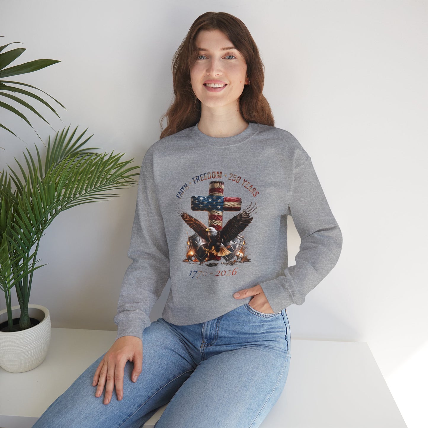 #250 Faith • Freedom 250 Years American Flag Cross & Eagle 1776-2026 Crewneck Sweatshirt