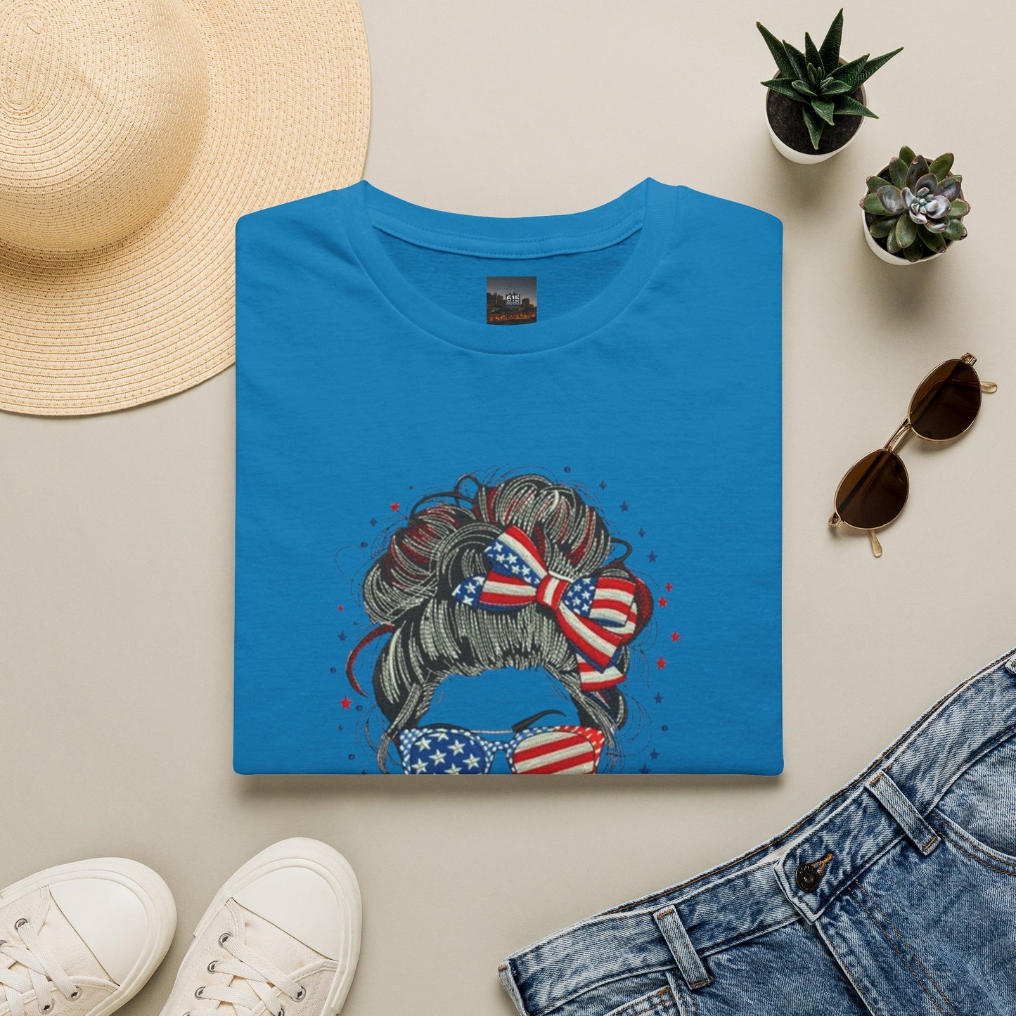 #250 "All American Girl" Patriotic Messy Bun T-Shirt